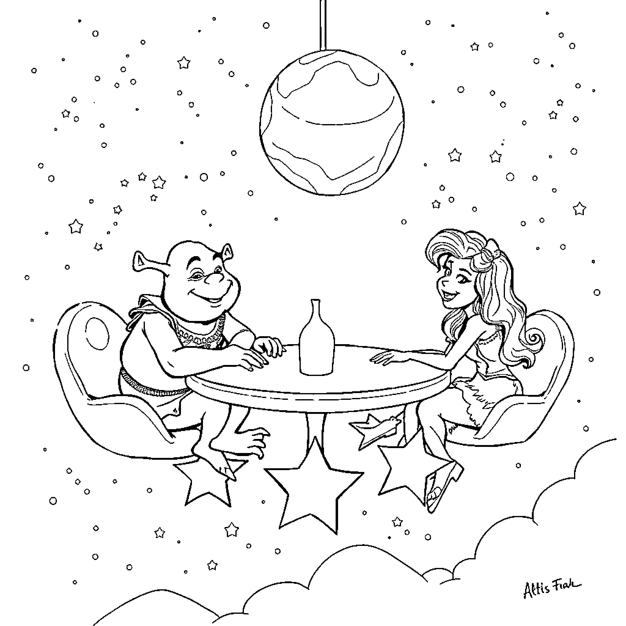 Grinch and Princess Enjoying Starry Night Dinner Coloring Page (free black-and-white line drawing printable PDF for all, from beginners to advanced learners, including children, teens, adults, and seniors)
