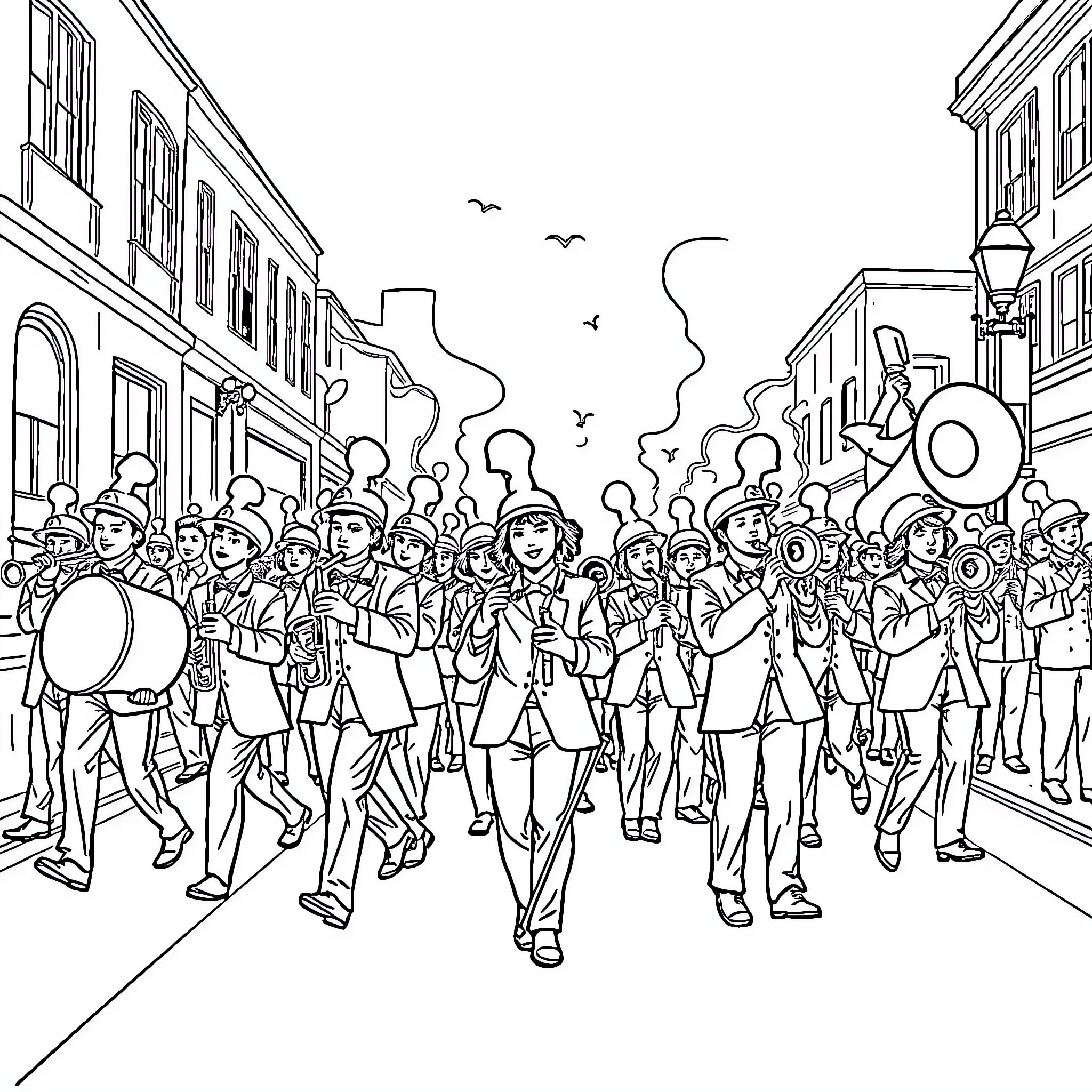 Band marching through the city streets Coloring Page (free black-and-white line drawing printable PDF for all, from beginners to advanced learners, including children, teens, adults, and seniors)