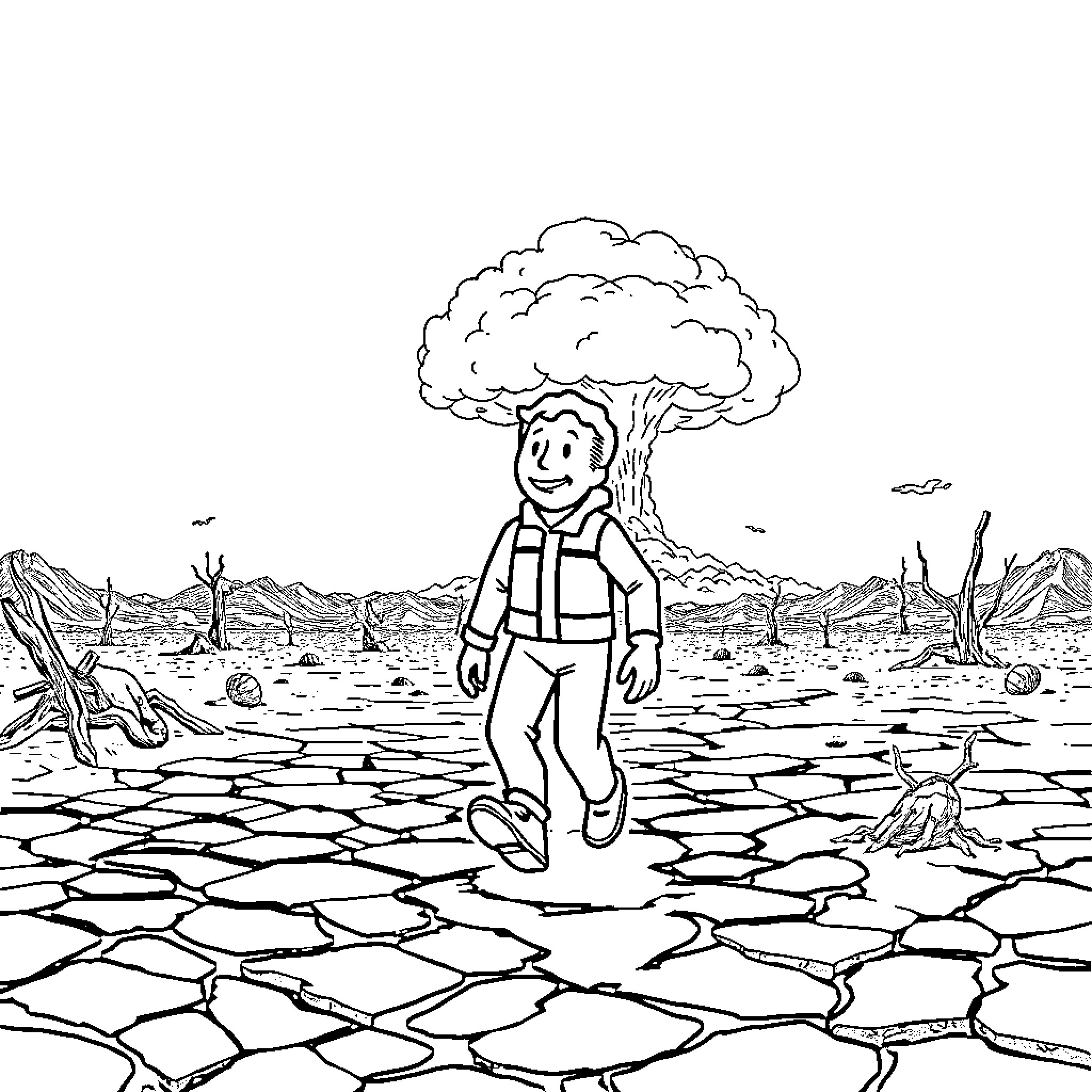 Pip Boy Exploring the Wasteland Coloring Page (free black-and-white line drawing printable PDF for all, from beginners to advanced learners, including children, teens, adults, and seniors)