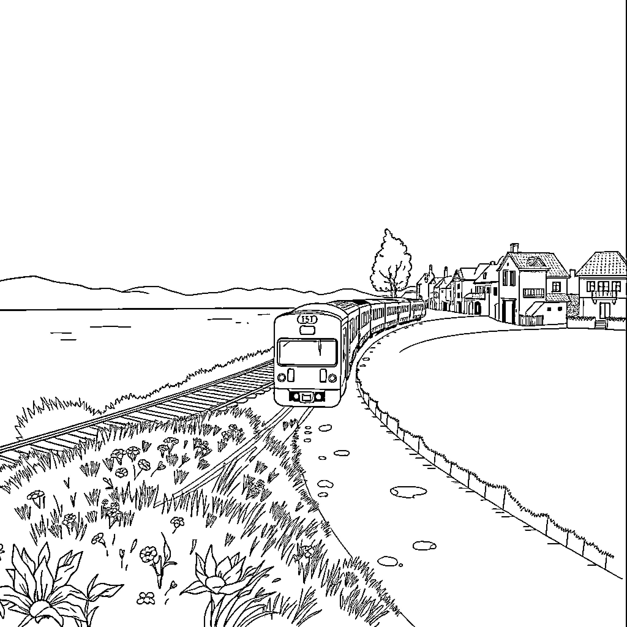 Train Passing Through Quaint Coastal Village Coloring Page (free black-and-white line drawing printable PDF for all, from beginners to advanced learners, including children, teens, adults, and seniors)