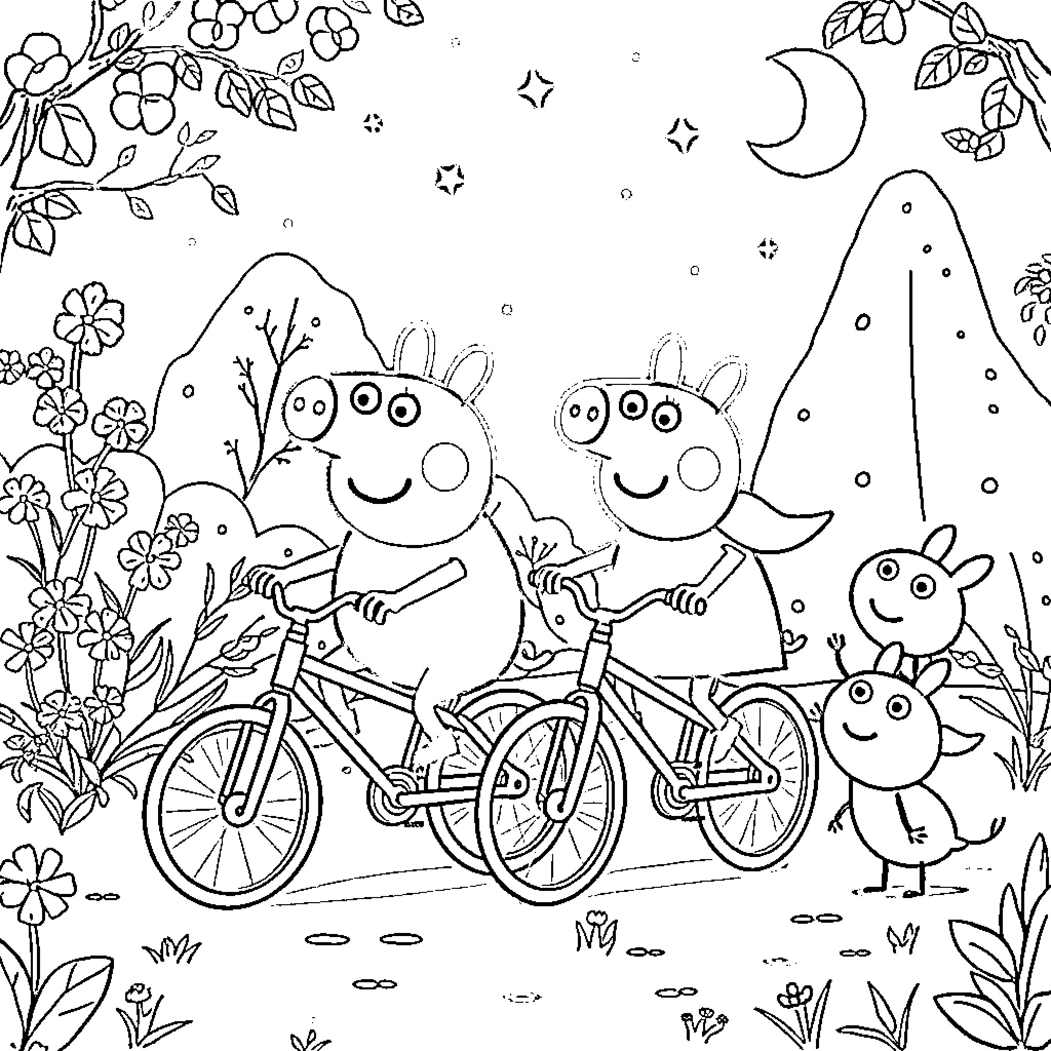 Bluey and friends go on a nighttime bike ride Coloring Page (free black-and-white line drawing printable PDF for all, from beginners to advanced learners, including children, teens, adults, and seniors)
