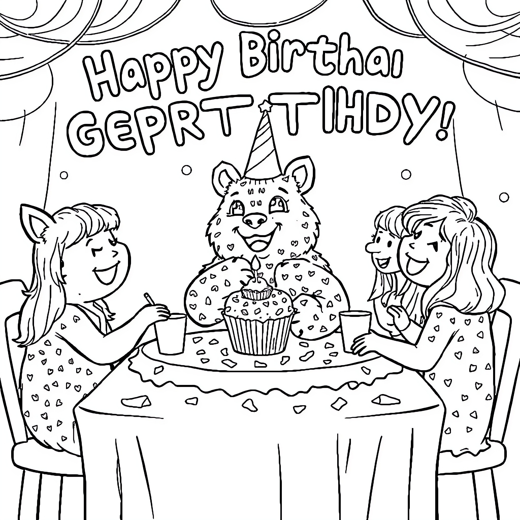 Labubu's Happy Birthday Celebration with Friends Coloring Page (free black-and-white line drawing printable PDF for all, from beginners to advanced learners, including children, teens, adults, and seniors)