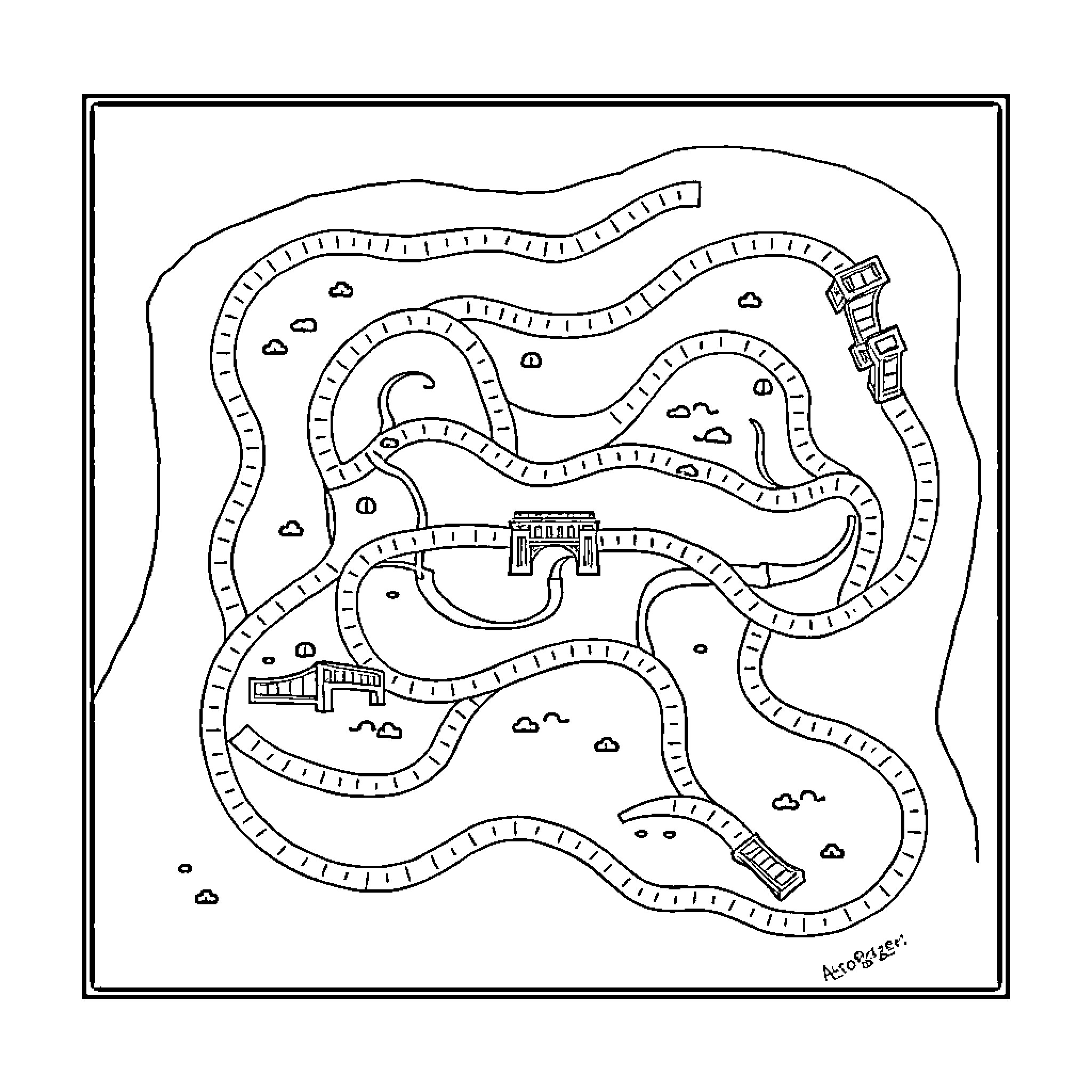 Bridge with winding paths and structures Coloring Page (free black-and-white line drawing printable PDF for all, from beginners to advanced learners, including children, teens, adults, and seniors)