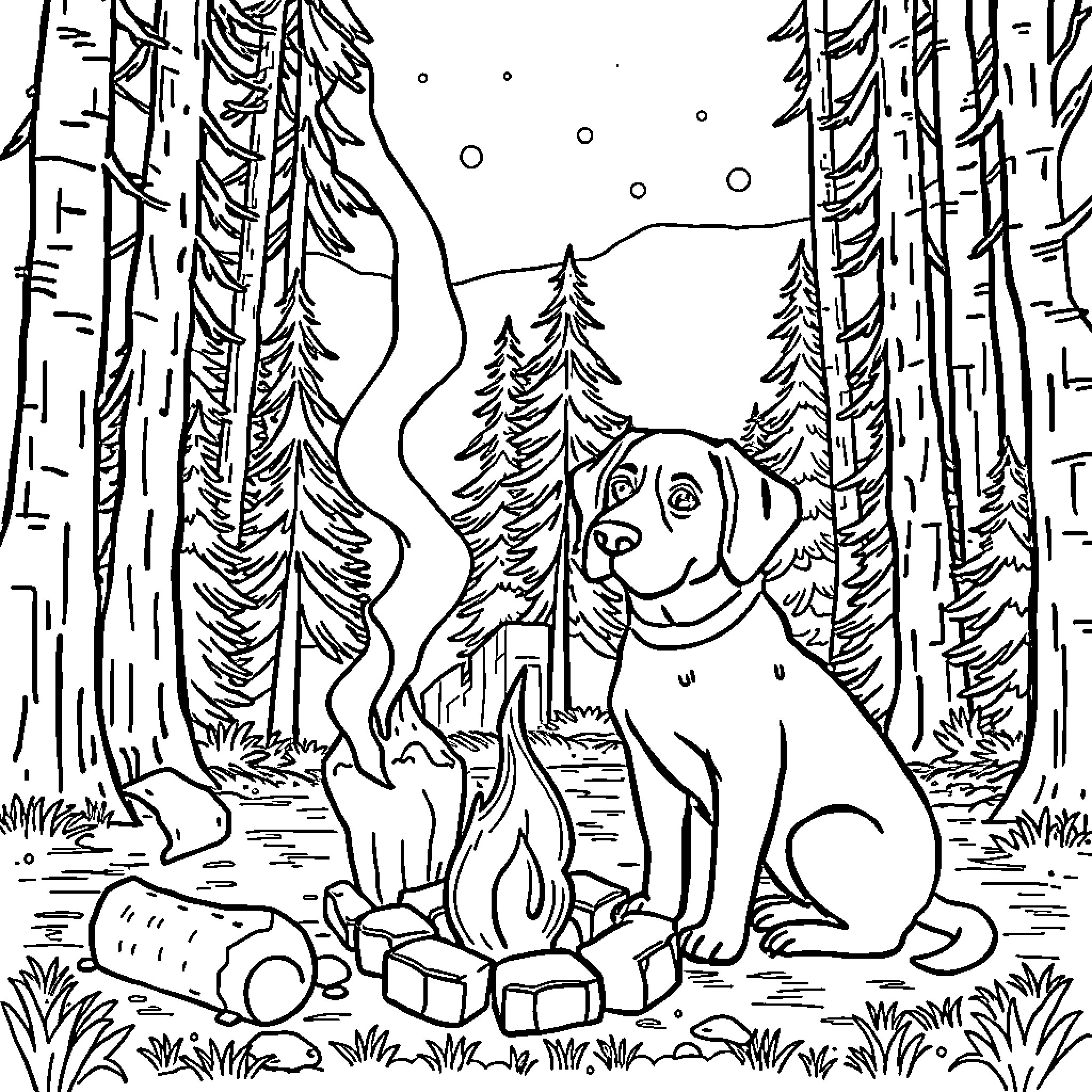 Dog enjoying a campfire in the forest Coloring Page (free black-and-white line drawing printable PDF for all, from beginners to advanced learners, including children, teens, adults, and seniors)