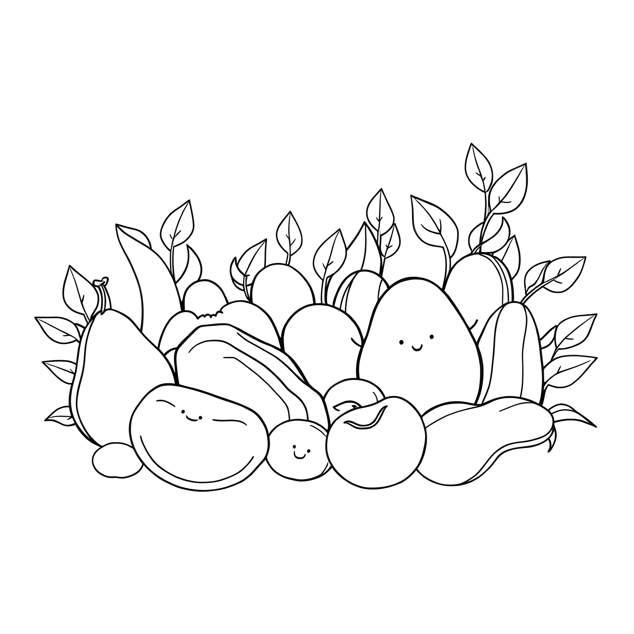 Bean plants and vegetables with happy expressions Coloring Page (free black-and-white line drawing printable PDF for all, from beginners to advanced learners, including children, teens, adults, and seniors)