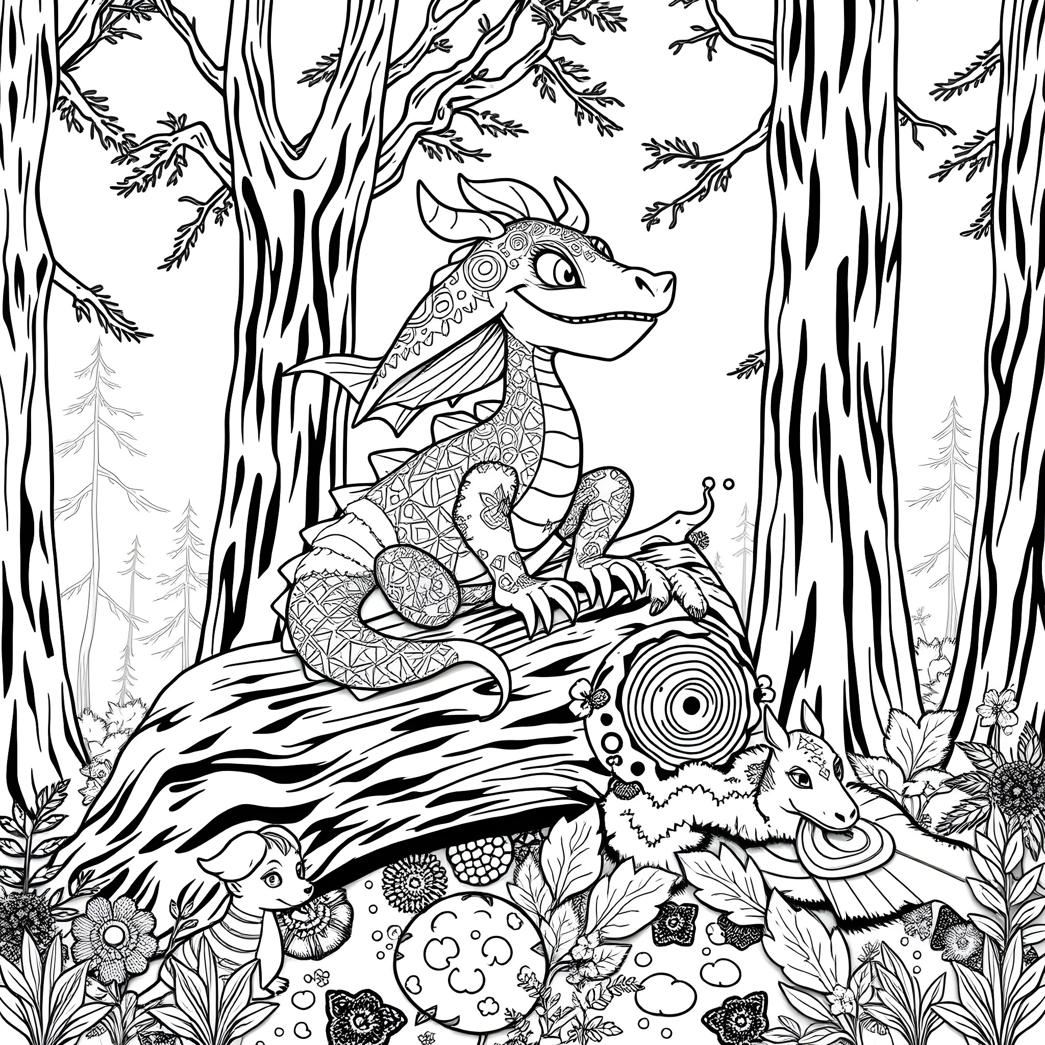 Mushroom Dragon Exploring the Enchanted Forest Coloring Page (free black-and-white line drawing printable PDF for all, from beginners to advanced learners, including children, teens, adults, and seniors)