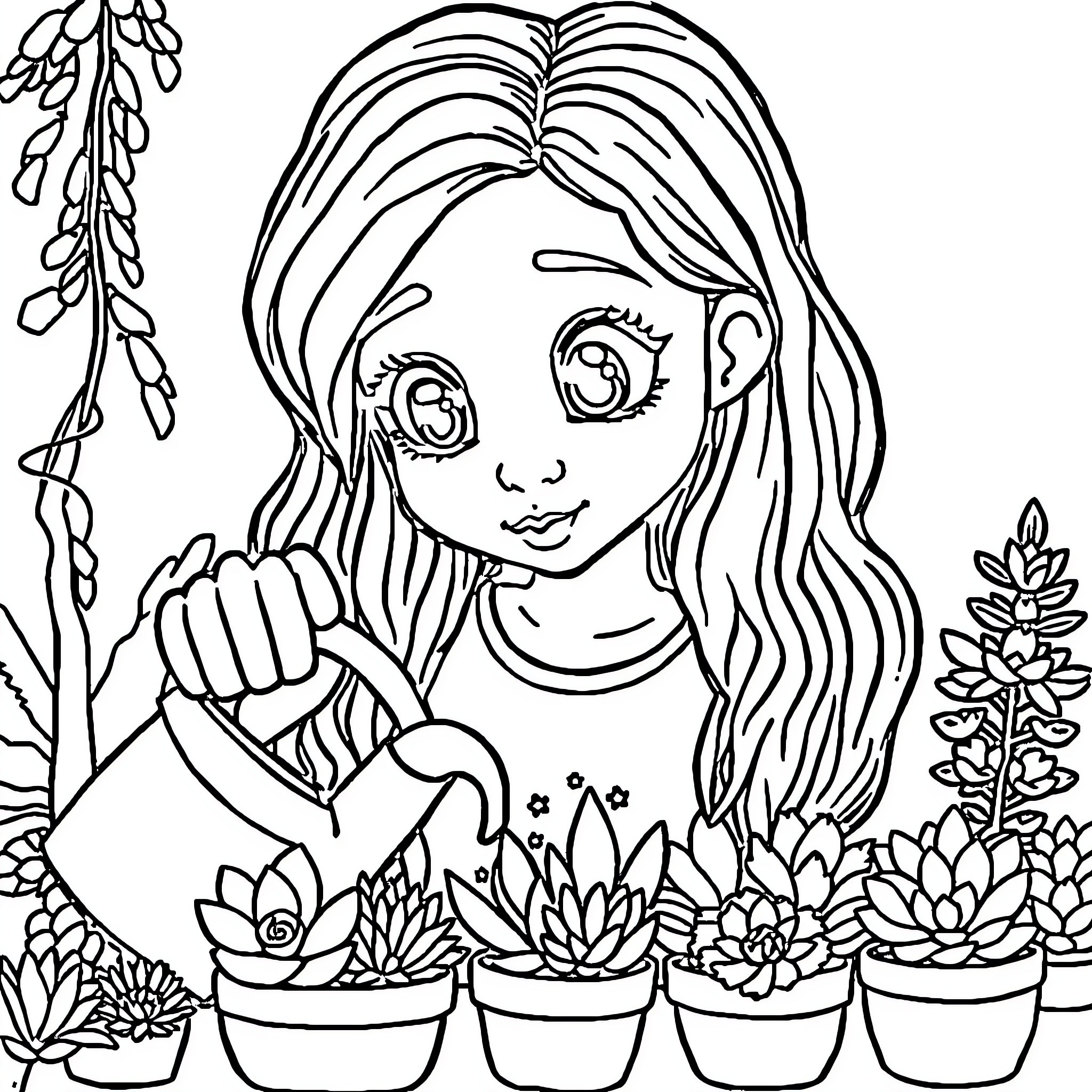Frankenstein's creature tending to potted plants Coloring Page (free black-and-white line drawing printable PDF for all, from beginners to advanced learners, including children, teens, adults, and seniors)