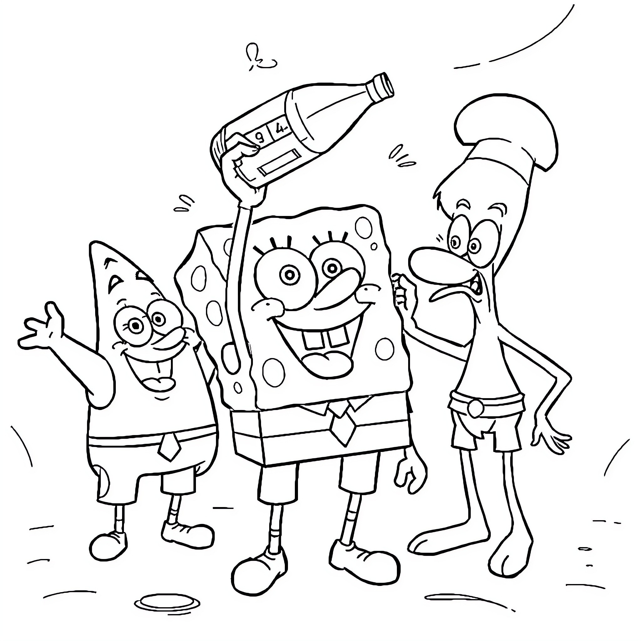 Spongebob and friends having a lively adventure Coloring Page (free black-and-white line drawing printable PDF for all, from beginners to advanced learners, including children, teens, adults, and seniors)