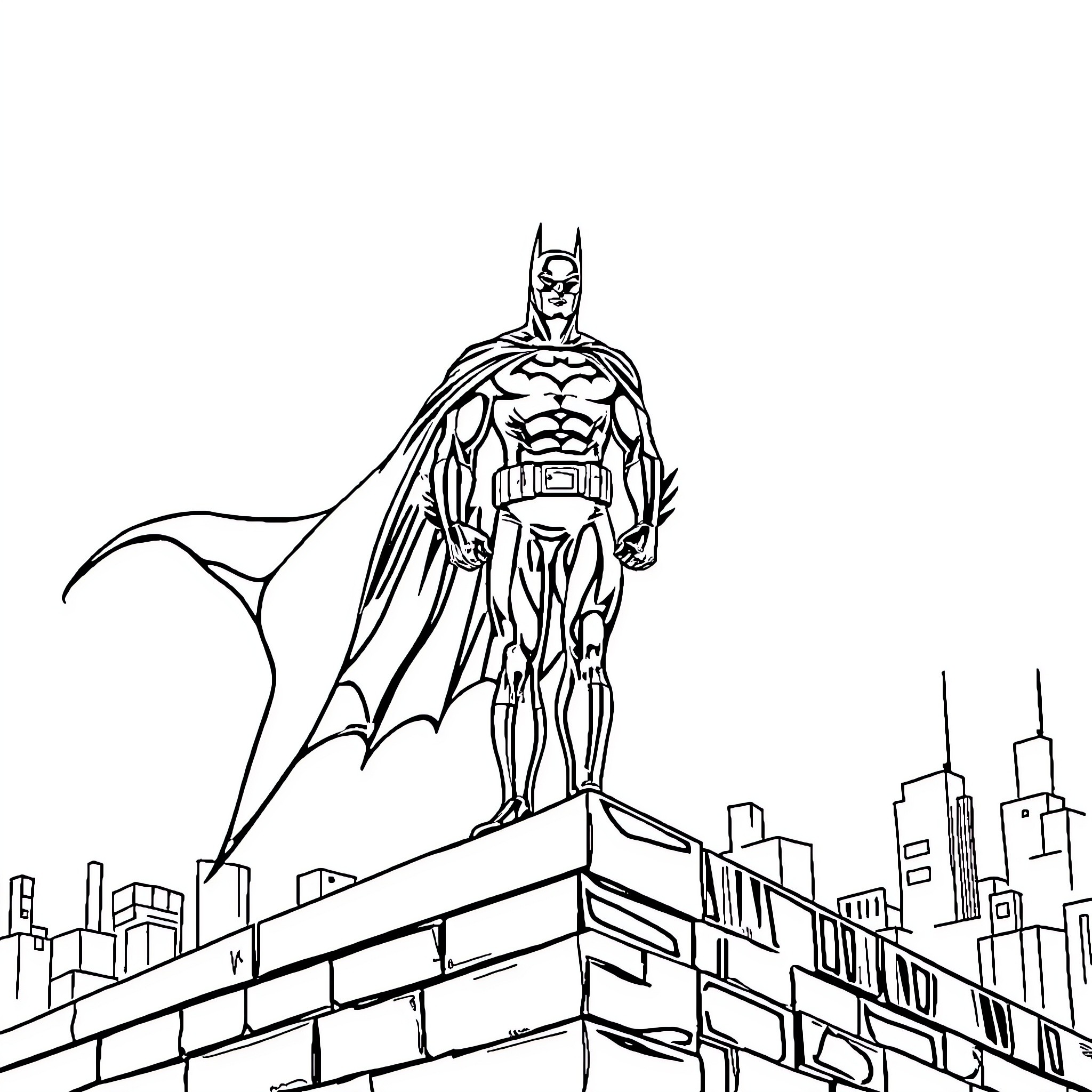 Batman standing tall on a cityscape Coloring Page (free black-and-white line drawing printable PDF for all, from beginners to advanced learners, including children, teens, adults, and seniors)