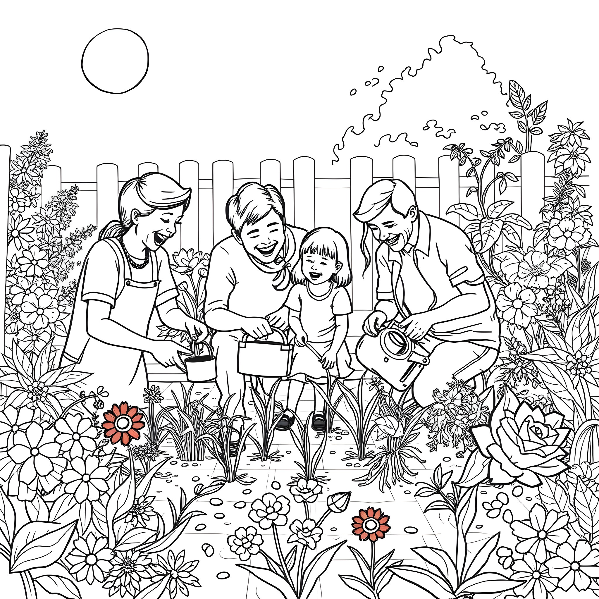 Family Gardening Together in a Lush Outdoor Scene Coloring Page (free black-and-white line drawing printable PDF for all, from beginners to advanced learners, including children, teens, adults, and seniors)