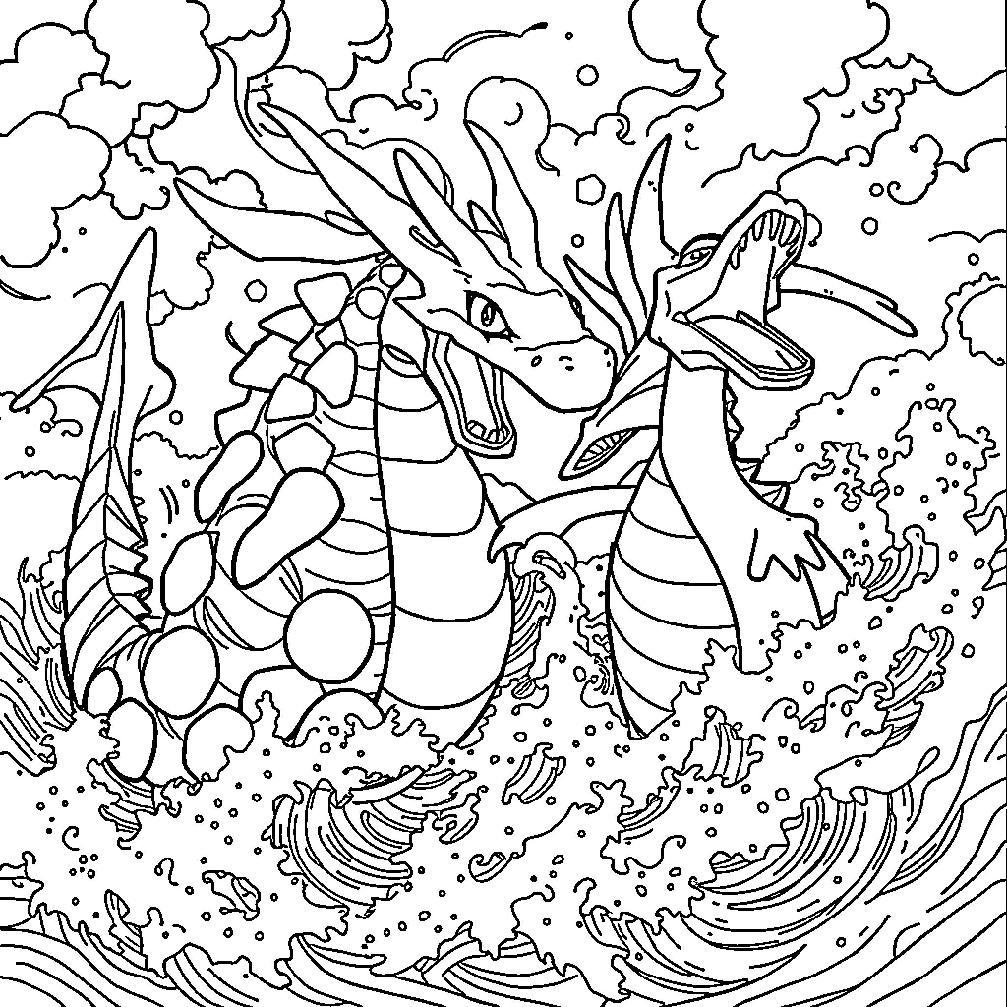 Gyarados roaring fiercely in stormy waters Coloring Page (free black-and-white line drawing printable PDF for all, from beginners to advanced learners, including children, teens, adults, and seniors)