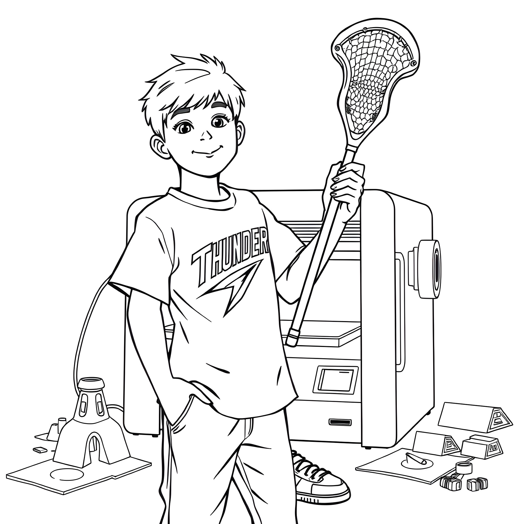 Boy holding a lacrosse stick with sports equipment Coloring Page (free black-and-white line drawing printable PDF for all, from beginners to advanced learners, including children, teens, adults, and seniors)