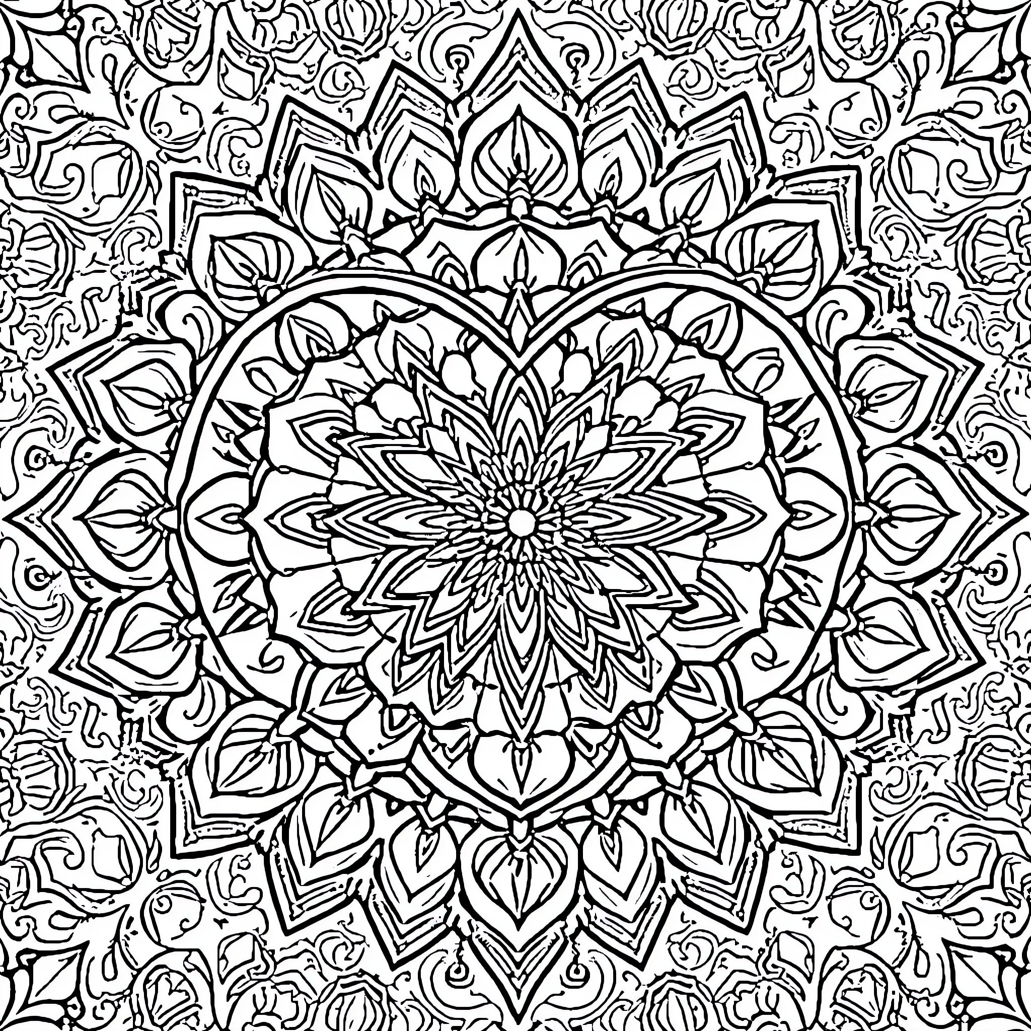 Heart of Mandala Meditation Coloring Page (free black-and-white line drawing printable PDF for all, from beginners to advanced learners, including children, teens, adults, and seniors)