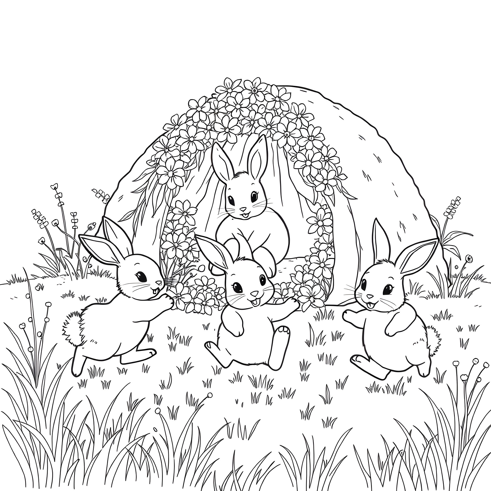 Rabbit family exploring floral meadow Coloring Page (free black-and-white line drawing printable PDF for all, from beginners to advanced learners, including children, teens, adults, and seniors)