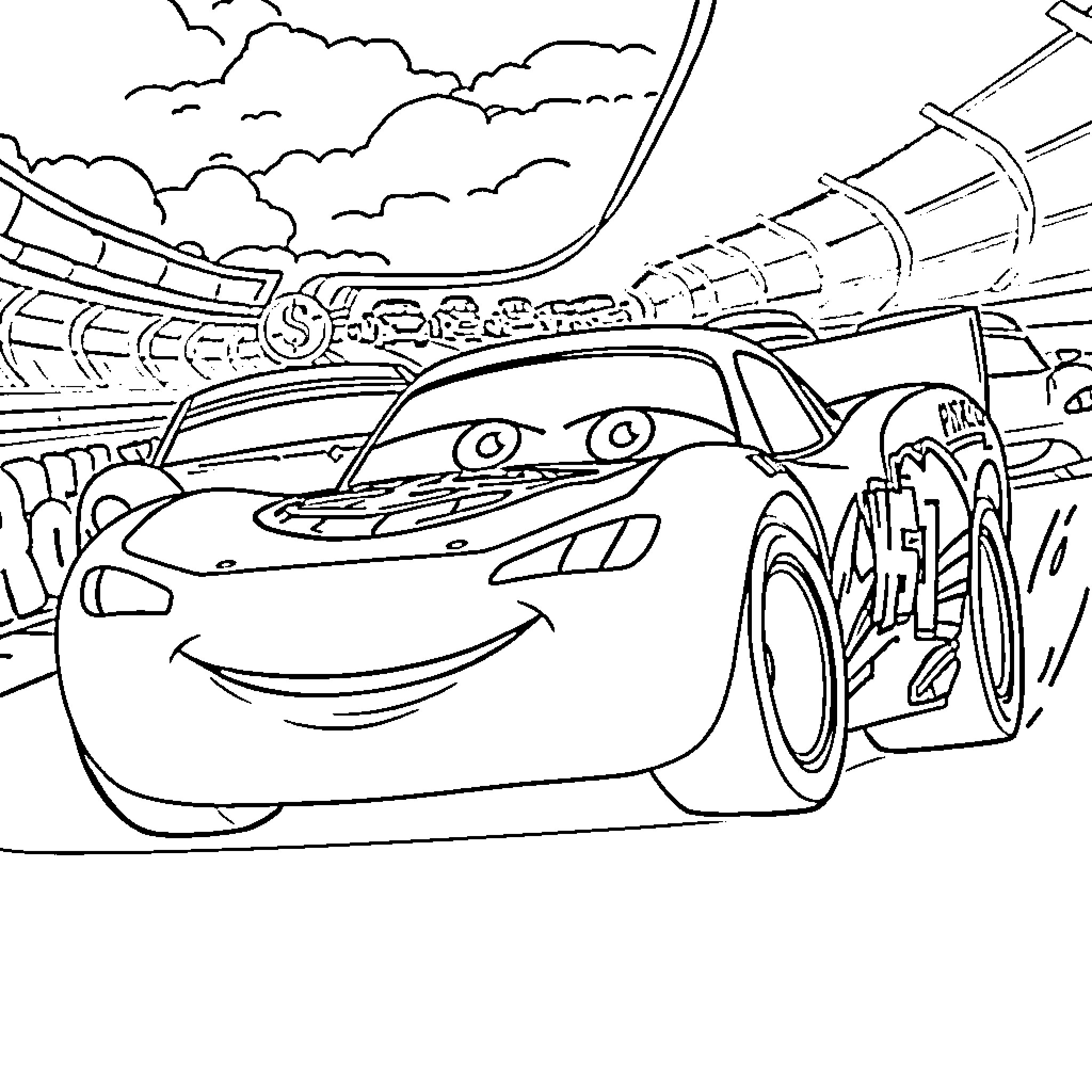 Rayo McQueen racing on the racetrack Coloring Page (free black-and-white line drawing printable PDF for all, from beginners to advanced learners, including children, teens, adults, and seniors)