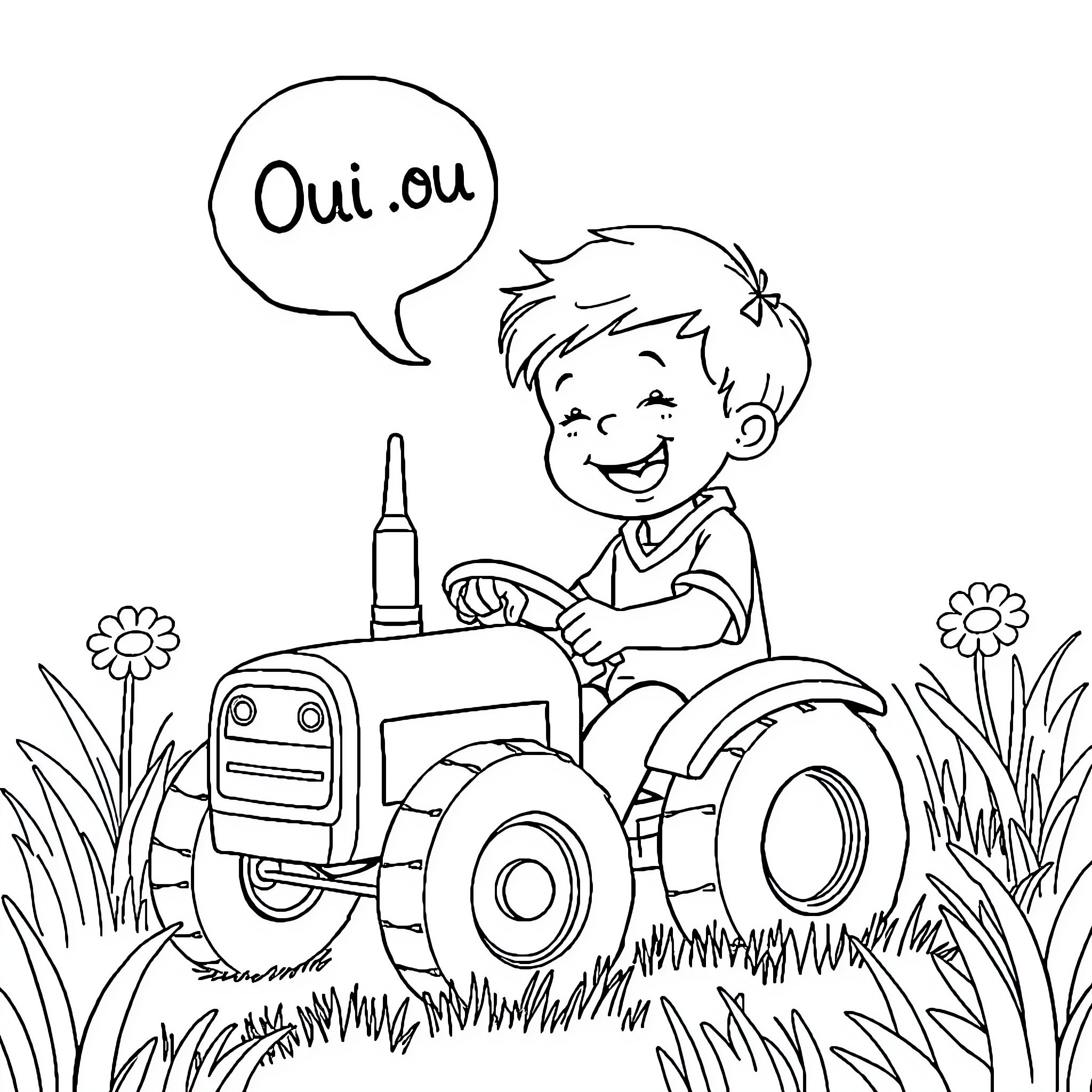Tractor Ride with Joyful Boy Coloring Page (free black-and-white line drawing printable PDF for all, from beginners to advanced learners, including children, teens, adults, and seniors)