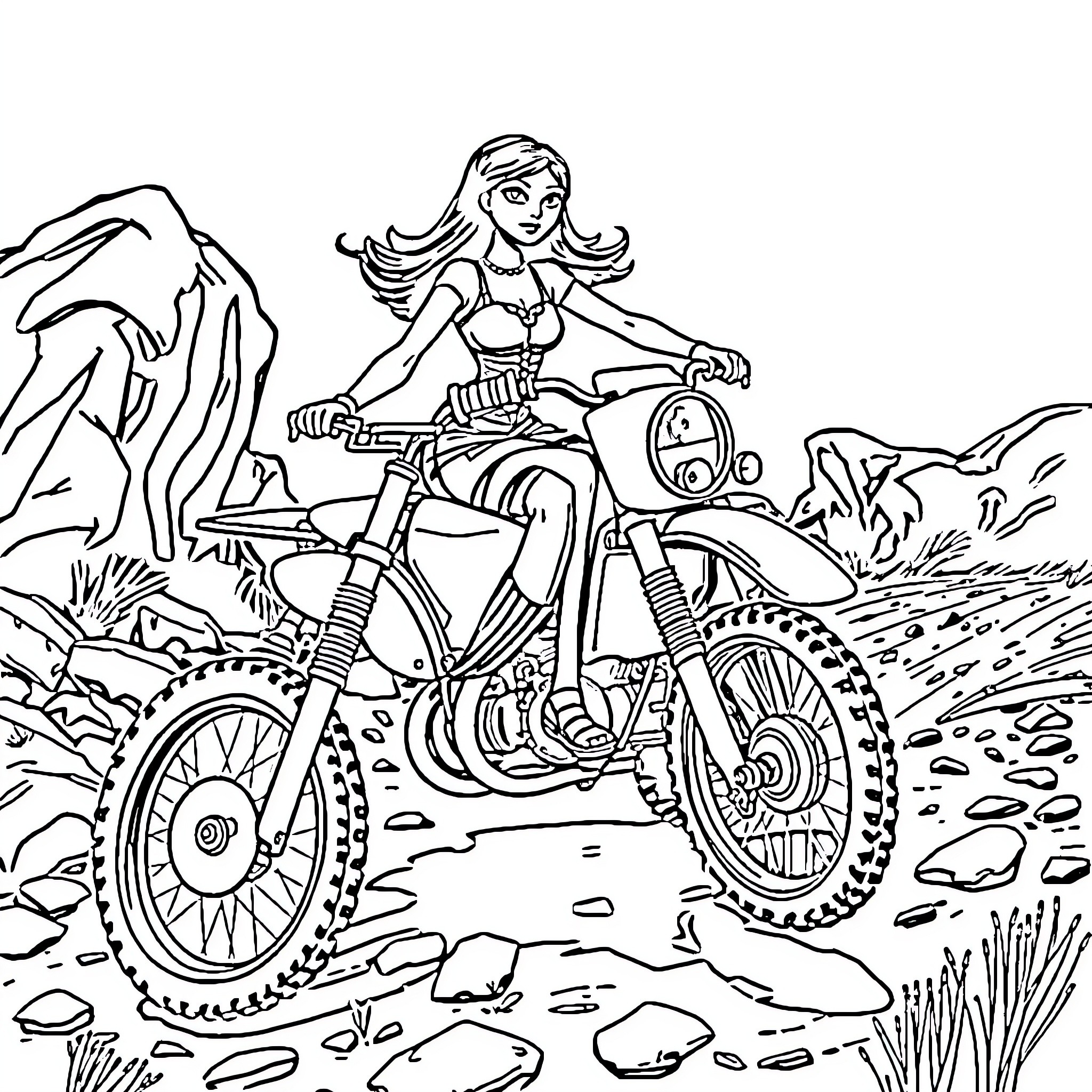 Wednesday Addams riding a motocross bike in the wilderness Coloring Page (free black-and-white line drawing printable PDF for all, from beginners to advanced learners, including children, teens, adults, and seniors)