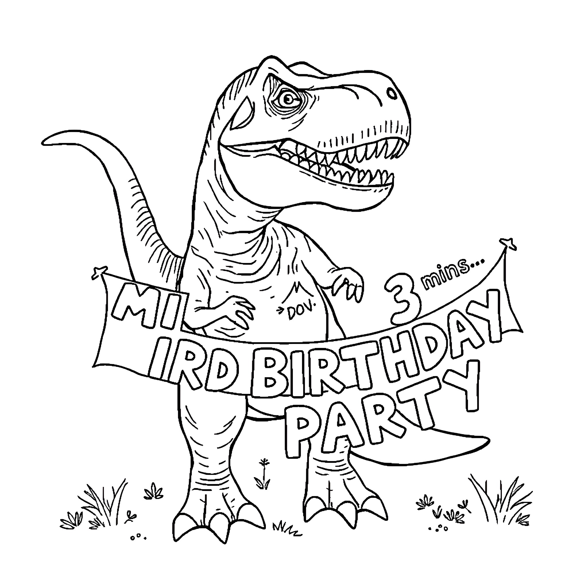 Tyrannosaurus Rex Celebrating a Monstrous Birthday Party Coloring Page (free black-and-white line drawing printable PDF for all, from beginners to advanced learners, including children, teens, adults, and seniors)