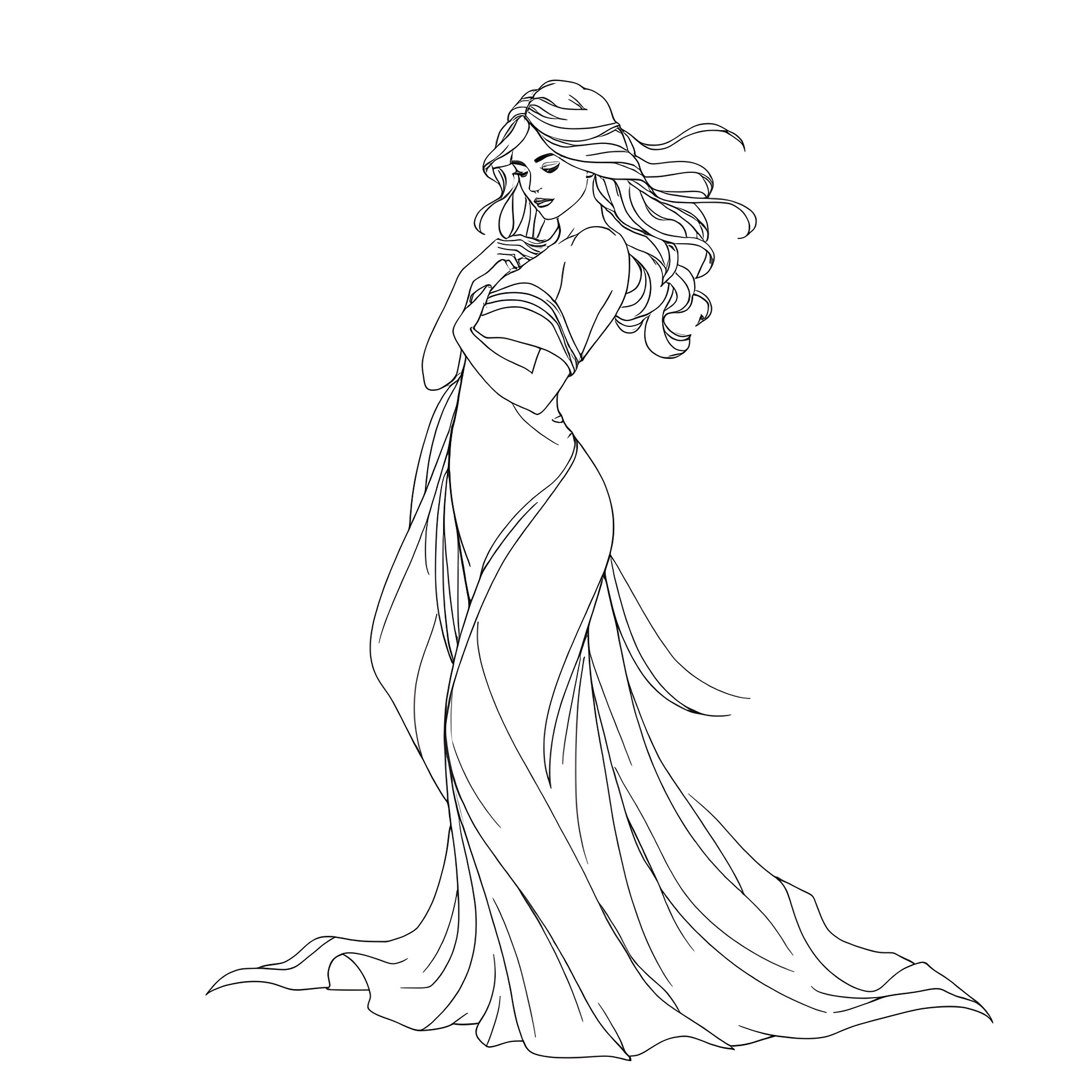 Woman in elegant flowing dress Coloring Page (free black-and-white line drawing printable PDF for all, from beginners to advanced learners, including children, teens, adults, and seniors)