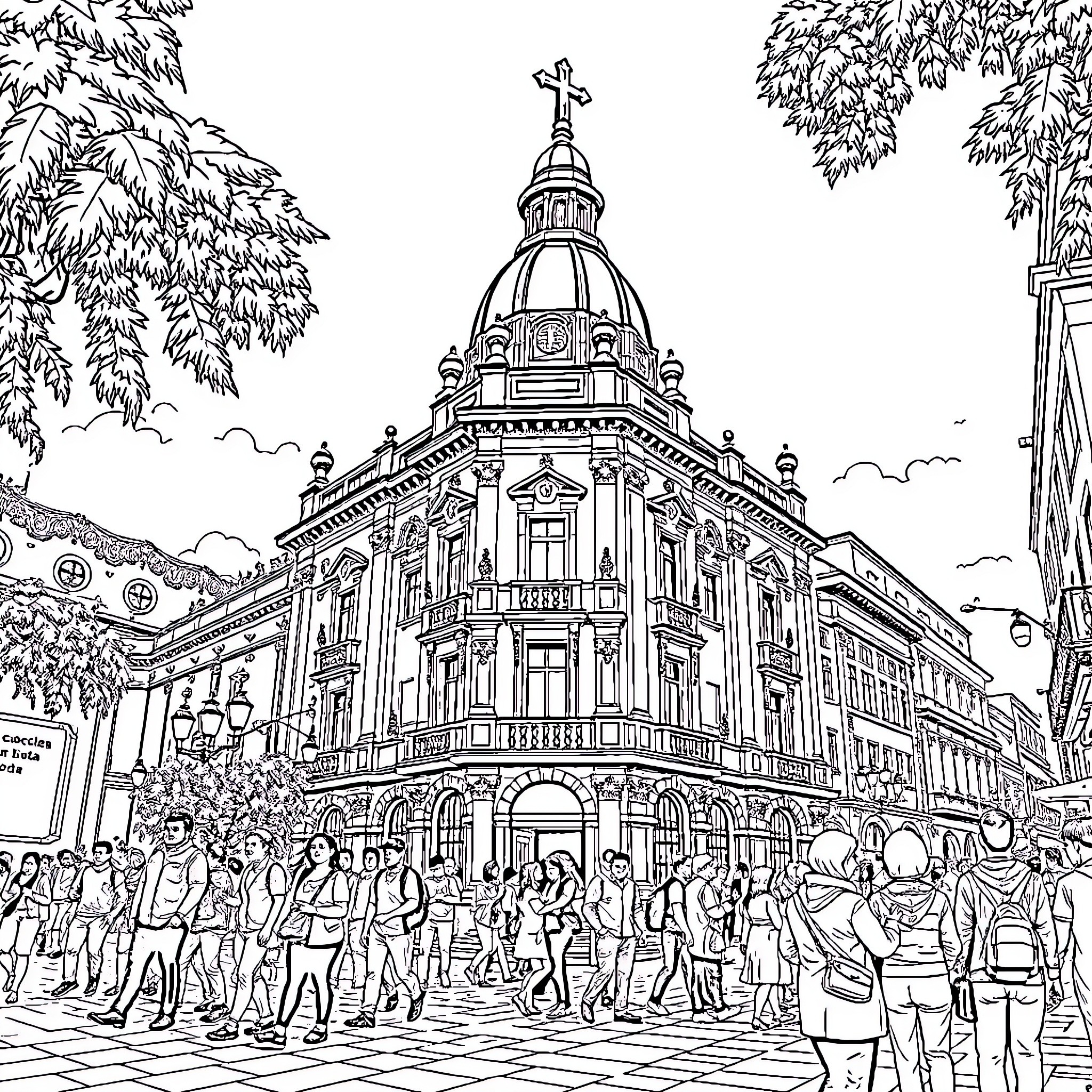 Payaso in a Bustling City Plaza Coloring Page (free black-and-white line drawing printable PDF for all, from beginners to advanced learners, including children, teens, adults, and seniors)