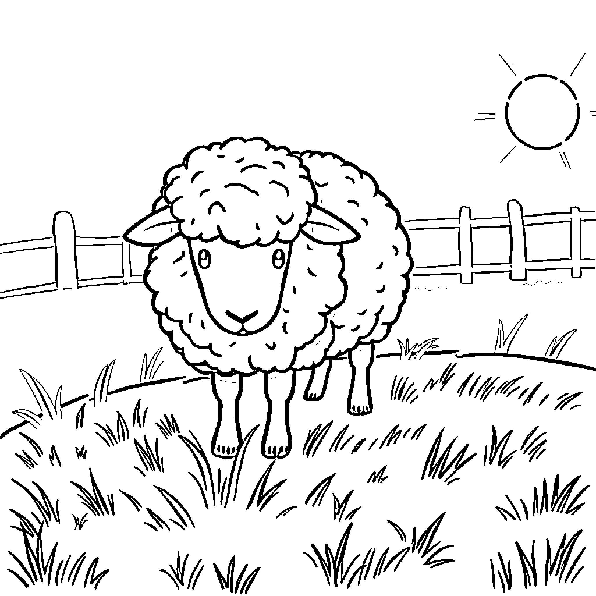 Sheep enjoying the sunny day in the meadow Coloring Page (free black-and-white line drawing printable PDF for all, from beginners to advanced learners, including children, teens, adults, and seniors)
