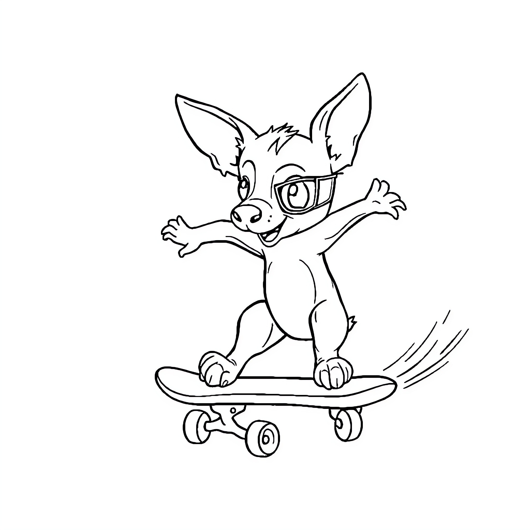 Pinscher riding playfully on a skateboard Coloring Page (free black-and-white line drawing printable PDF for all, from beginners to advanced learners, including children, teens, adults, and seniors)