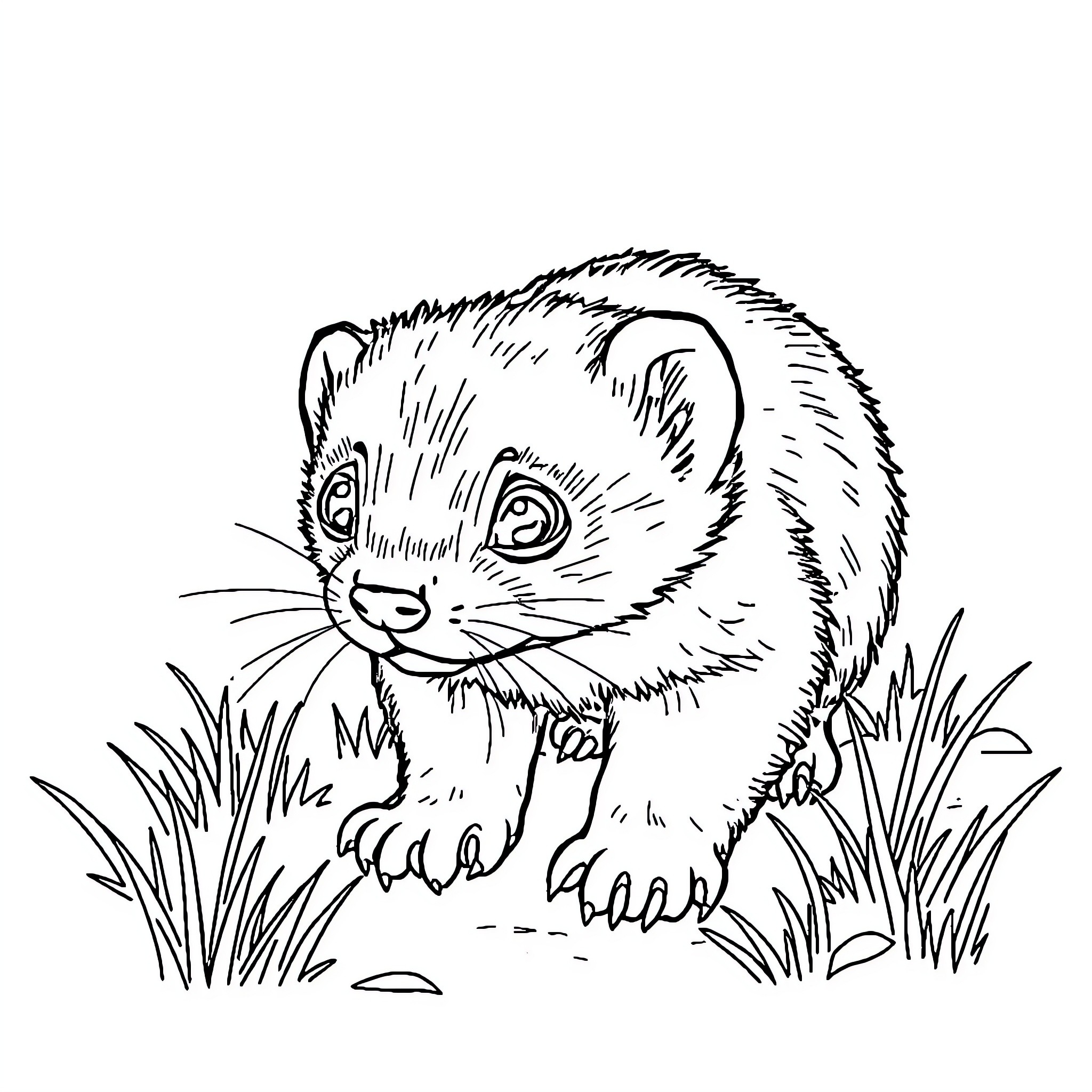 Ferret exploring the grassy outdoors Coloring Page (free black-and-white line drawing printable PDF for all, from beginners to advanced learners, including children, teens, adults, and seniors)