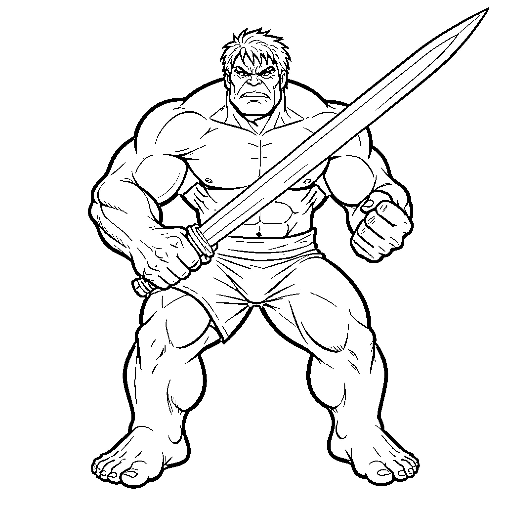 Hulk wielding a giant sword with intense expression Coloring Page (free black-and-white line drawing printable PDF for all, from beginners to advanced learners, including children, teens, adults, and seniors)