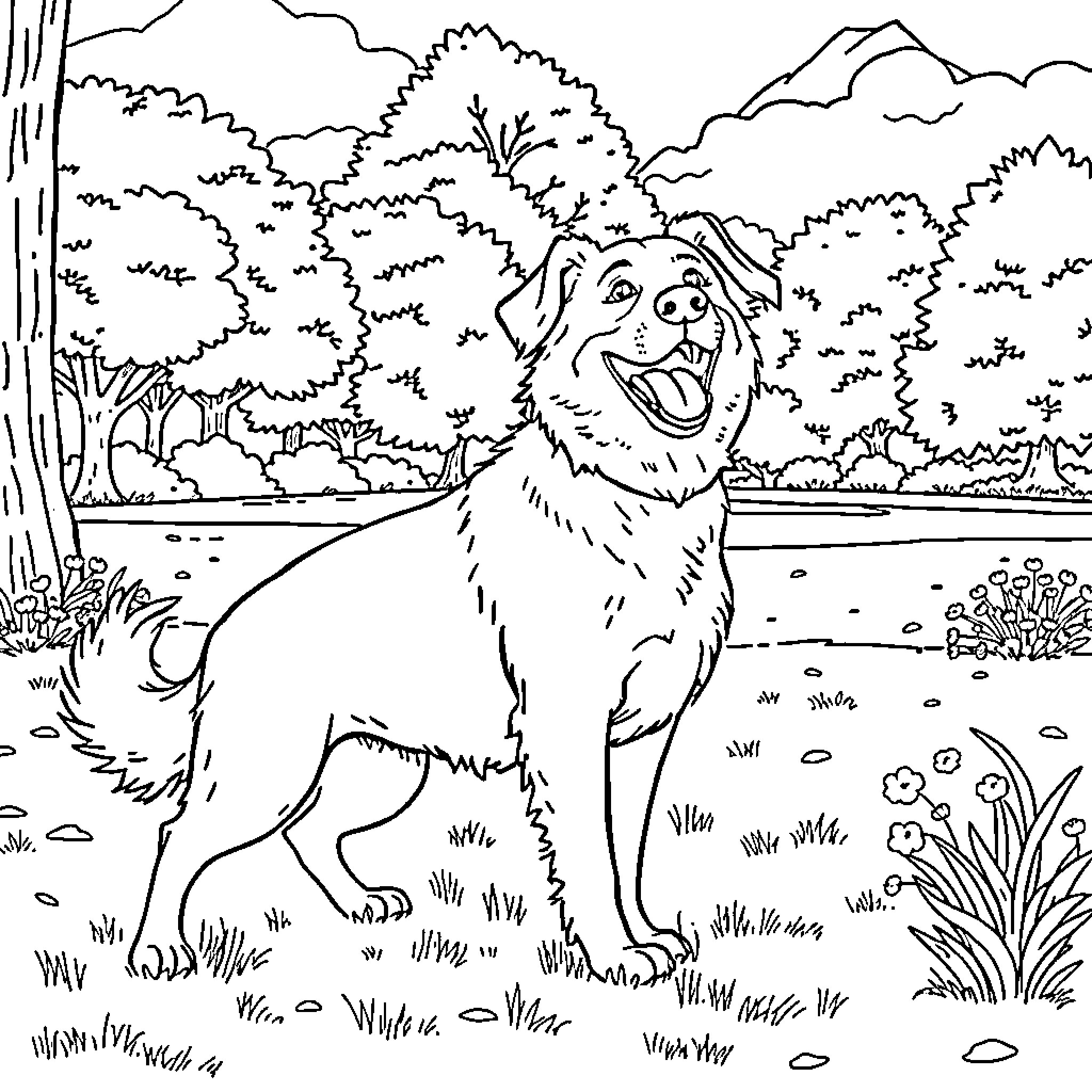 Dog playing happily in the forest Coloring Page (free black-and-white line drawing printable PDF for all, from beginners to advanced learners, including children, teens, adults, and seniors)