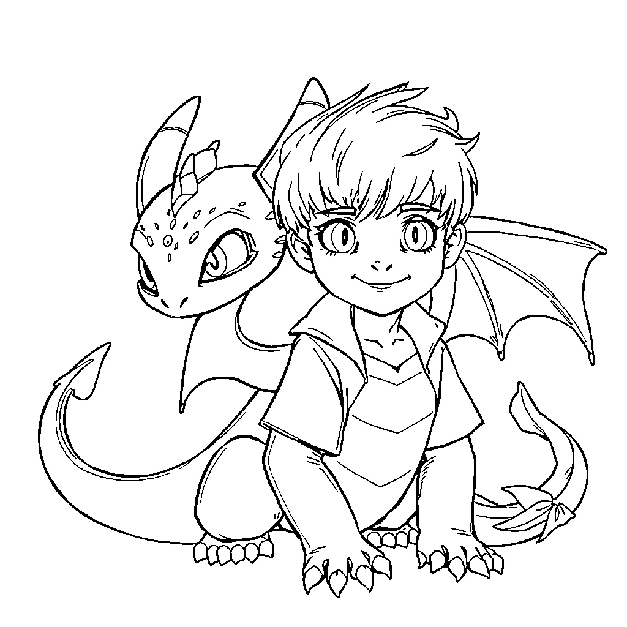 Toothless Dragon and Smiling Boy in Adventure Coloring Page (free black-and-white line drawing printable PDF for all, from beginners to advanced learners, including children, teens, adults, and seniors)
