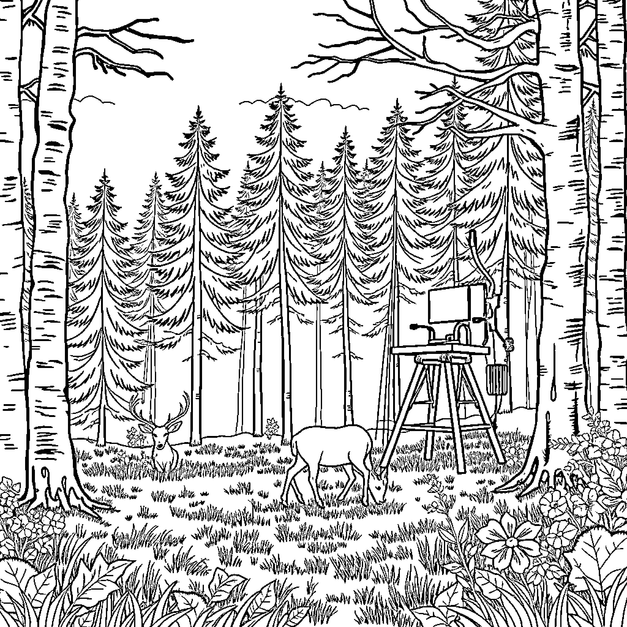 Deer exploring the enchanting forest Coloring Page (free black-and-white line drawing printable PDF for all, from beginners to advanced learners, including children, teens, adults, and seniors)