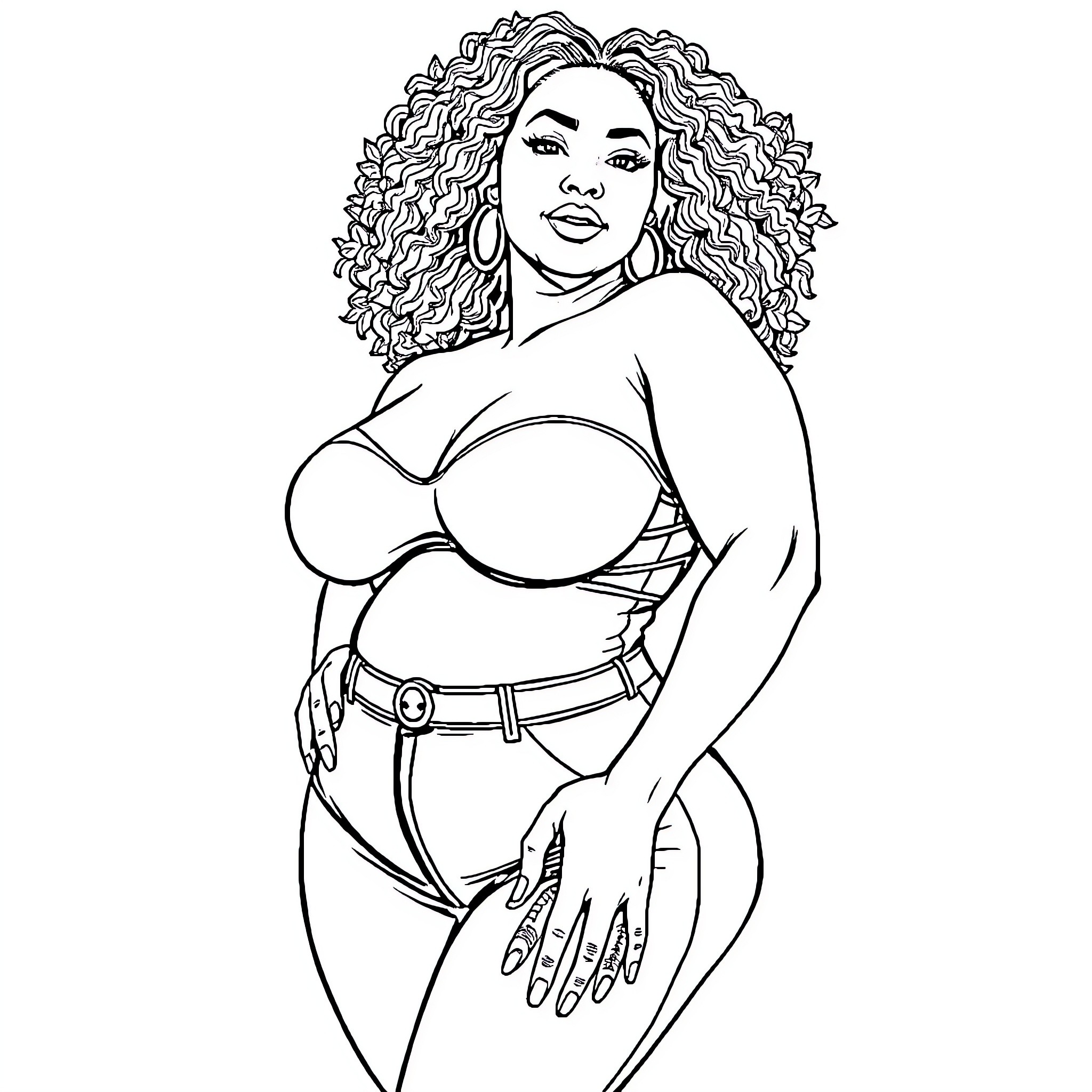 Bbw confident woman with curly hair posing boldly Coloring Page (free black-and-white line drawing printable PDF for all, from beginners to advanced learners, including children, teens, adults, and seniors)