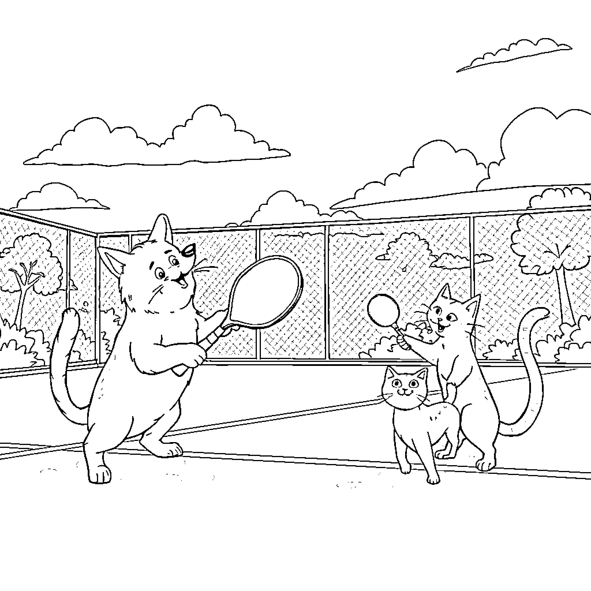Dogs playing happily with toys in the park Coloring Page (free black-and-white line drawing printable PDF for all, from beginners to advanced learners, including children, teens, adults, and seniors)
