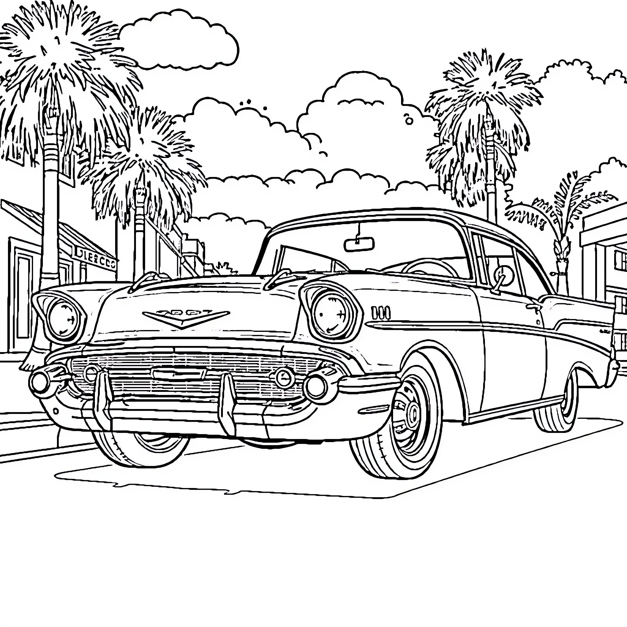 Chevy classic car cruising through palm-lined streets Coloring Page (free black-and-white line drawing printable PDF for all, from beginners to advanced learners, including children, teens, adults, and seniors)