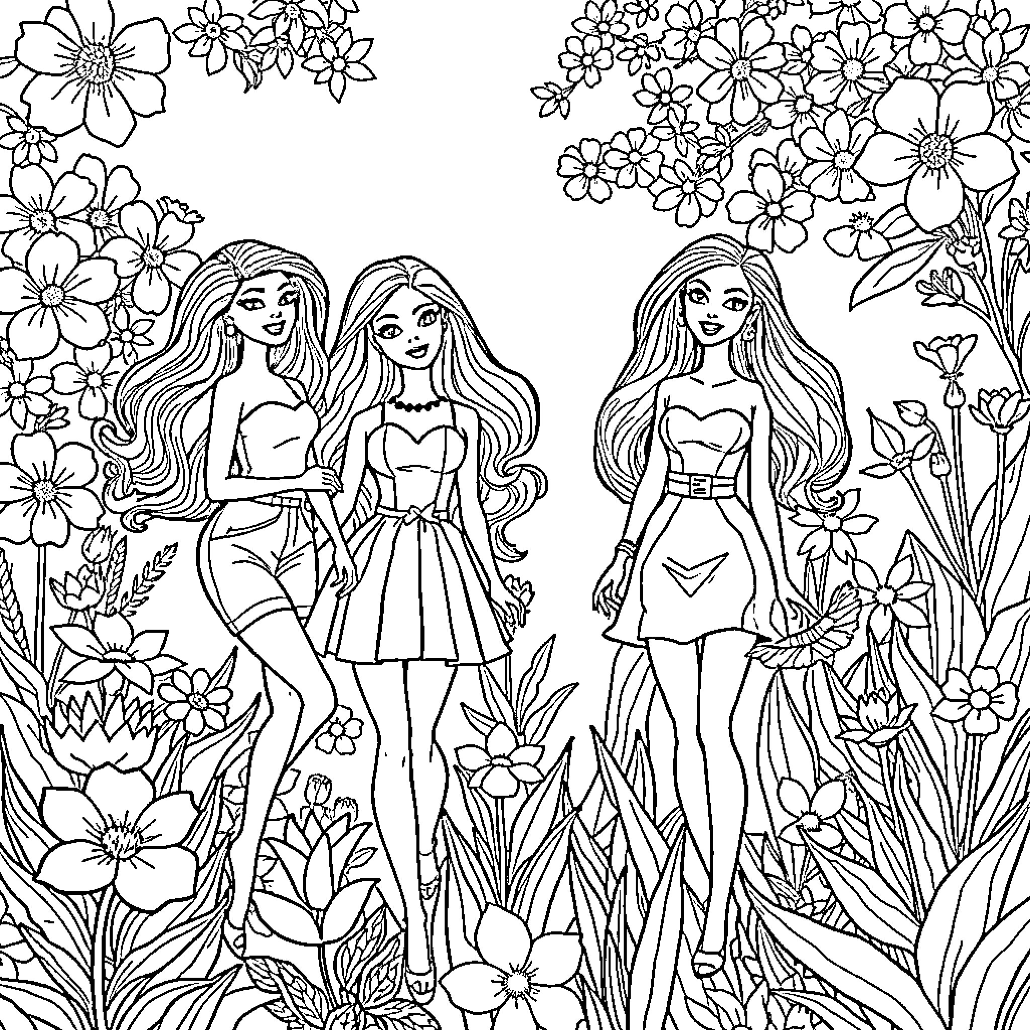 Barbie and friends explore a floral wonderland Coloring Page (free black-and-white line drawing printable PDF for all, from beginners to advanced learners, including children, teens, adults, and seniors)