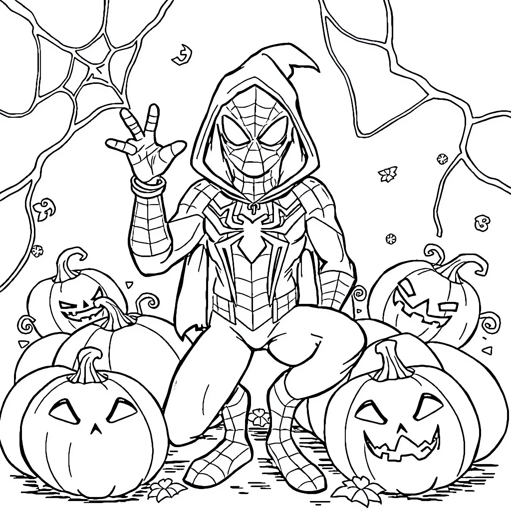 Spiderman celebrating Halloween with pumpkins Coloring Page (free black-and-white line drawing printable PDF for all, from beginners to advanced learners, including children, teens, adults, and seniors)