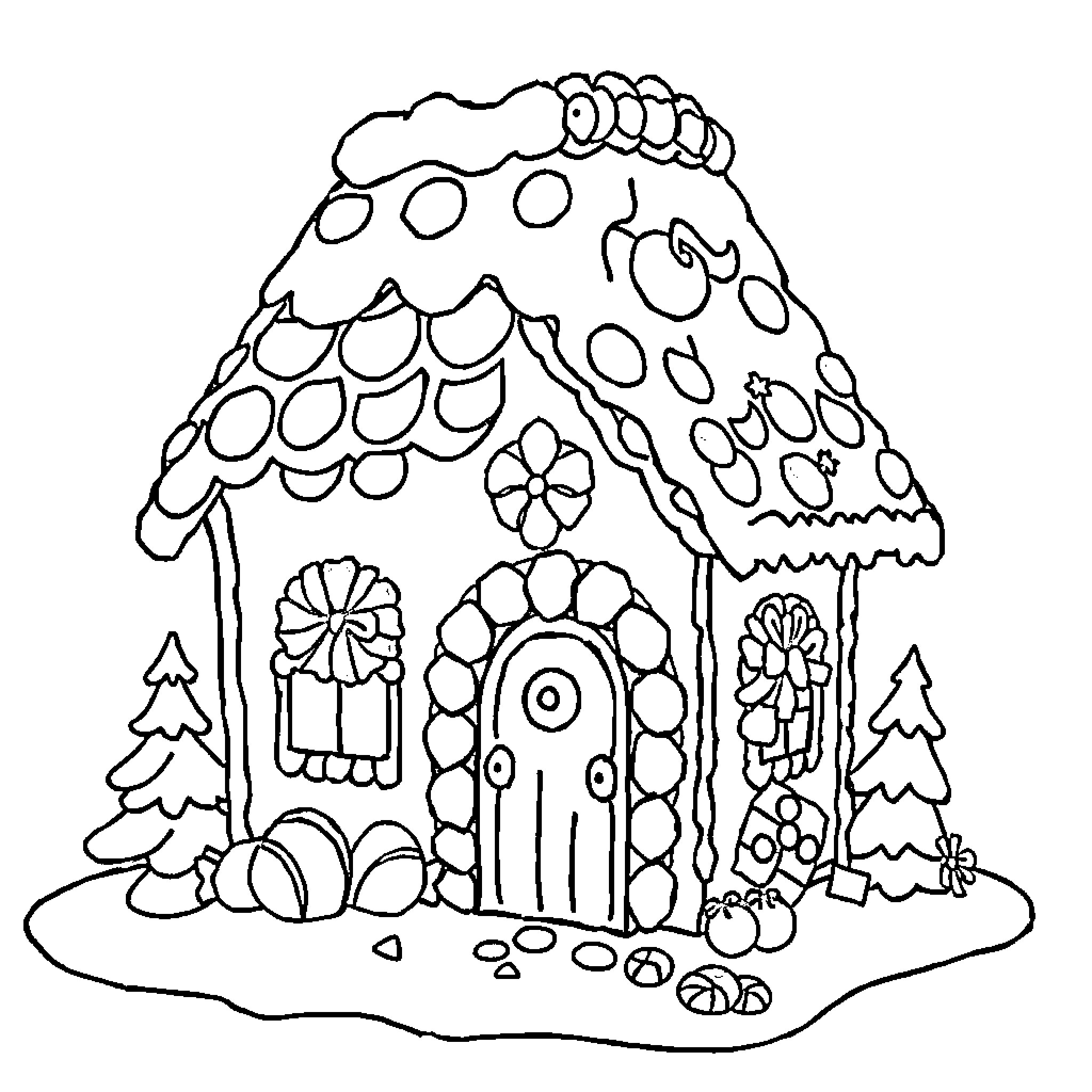 Gingerbread house with whimsical decorations and scenery Coloring Page (free black-and-white line drawing printable PDF for all, from beginners to advanced learners, including children, teens, adults, and seniors)