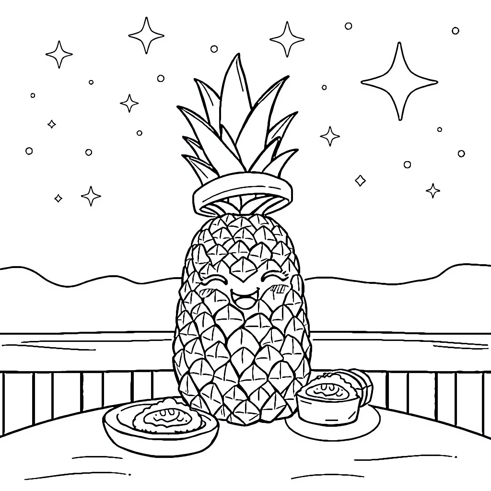 Pineapple with Whimsical Star-Filled Backdrop Coloring Page (free black-and-white line drawing printable PDF for all, from beginners to advanced learners, including children, teens, adults, and seniors)
