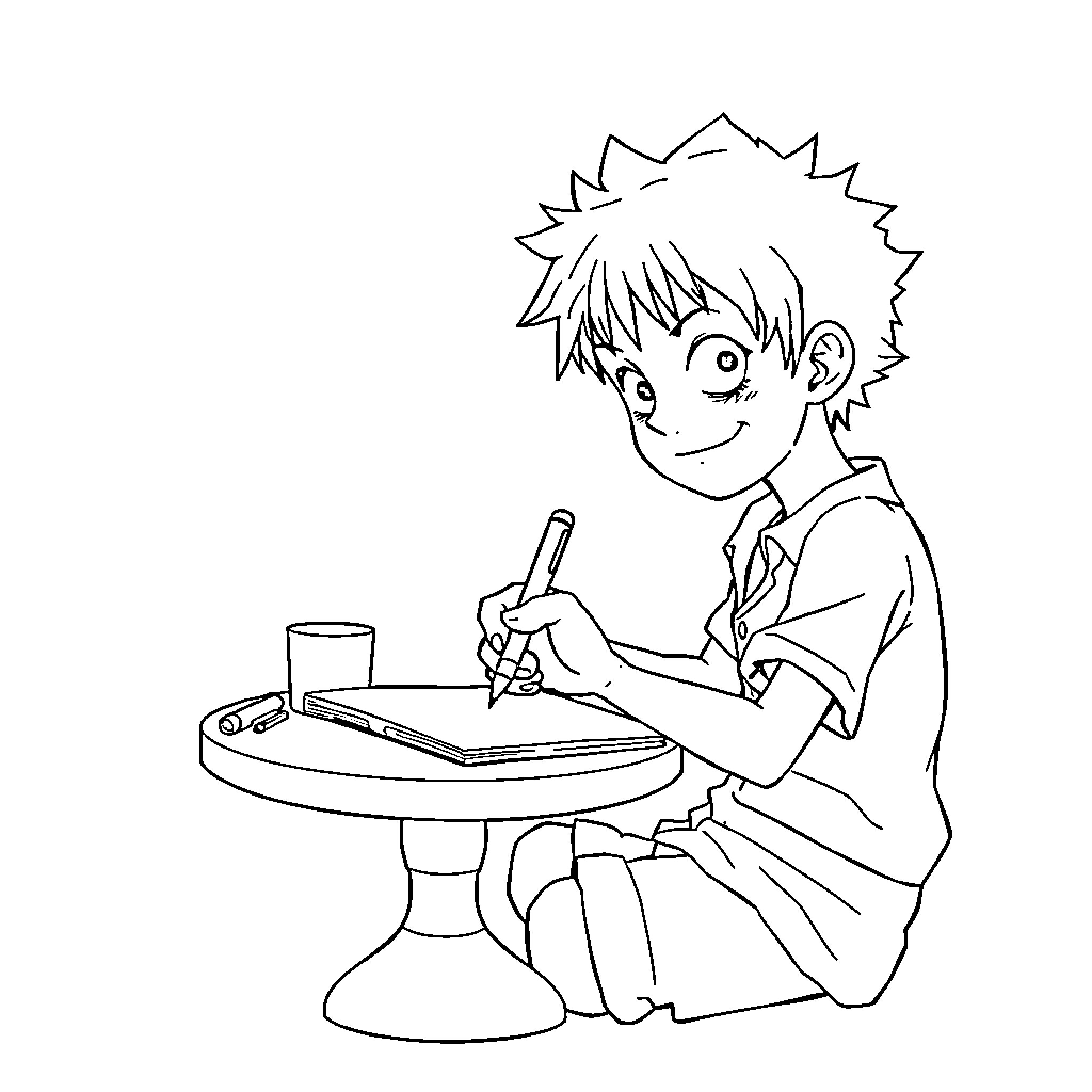 One Piece Anime Character Studying Diligently Coloring Page (free black-and-white line drawing printable PDF for all, from beginners to advanced learners, including children, teens, adults, and seniors)