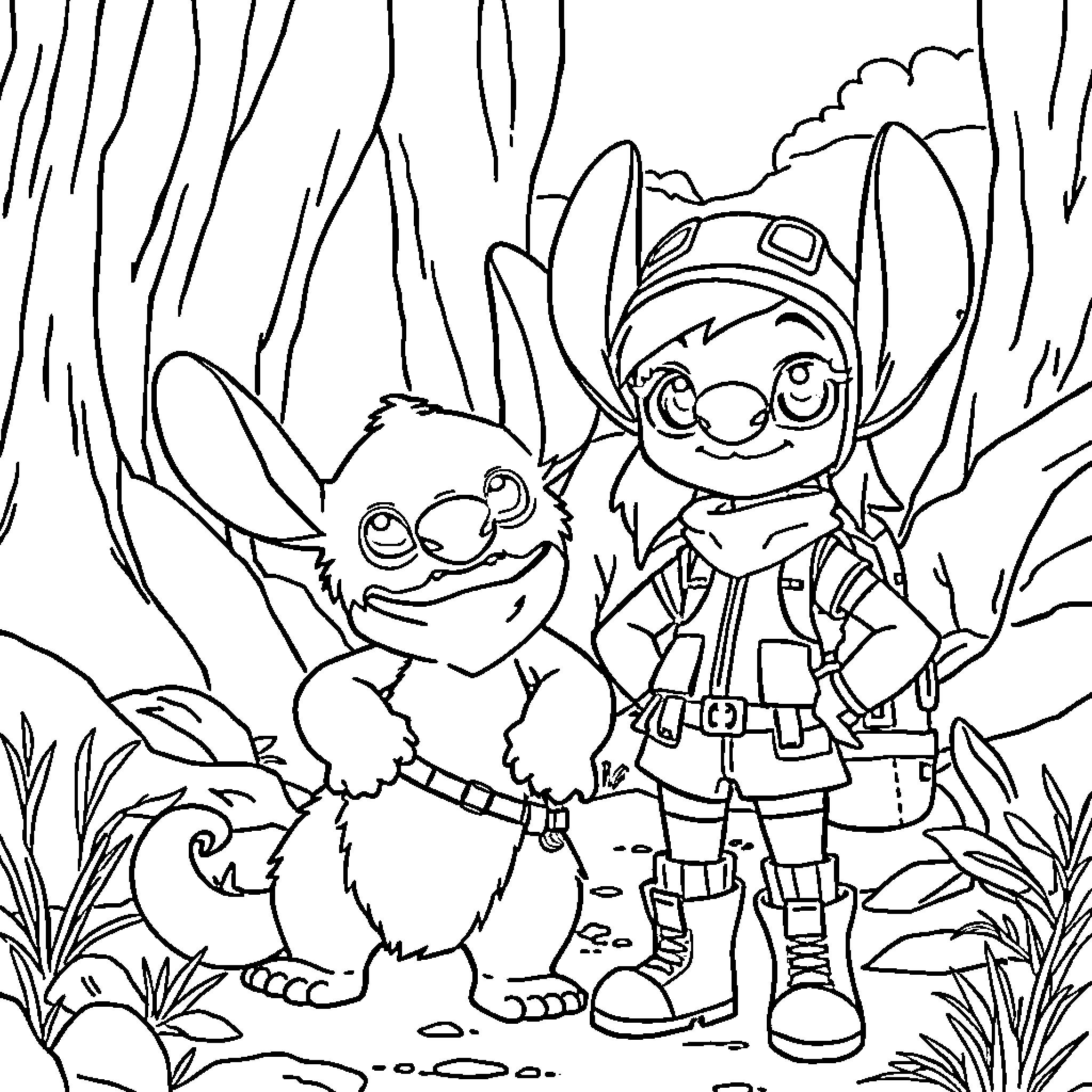 Zoey's adventure in the forest with her furry friend Coloring Page (free black-and-white line drawing printable PDF for all, from beginners to advanced learners, including children, teens, adults, and seniors)