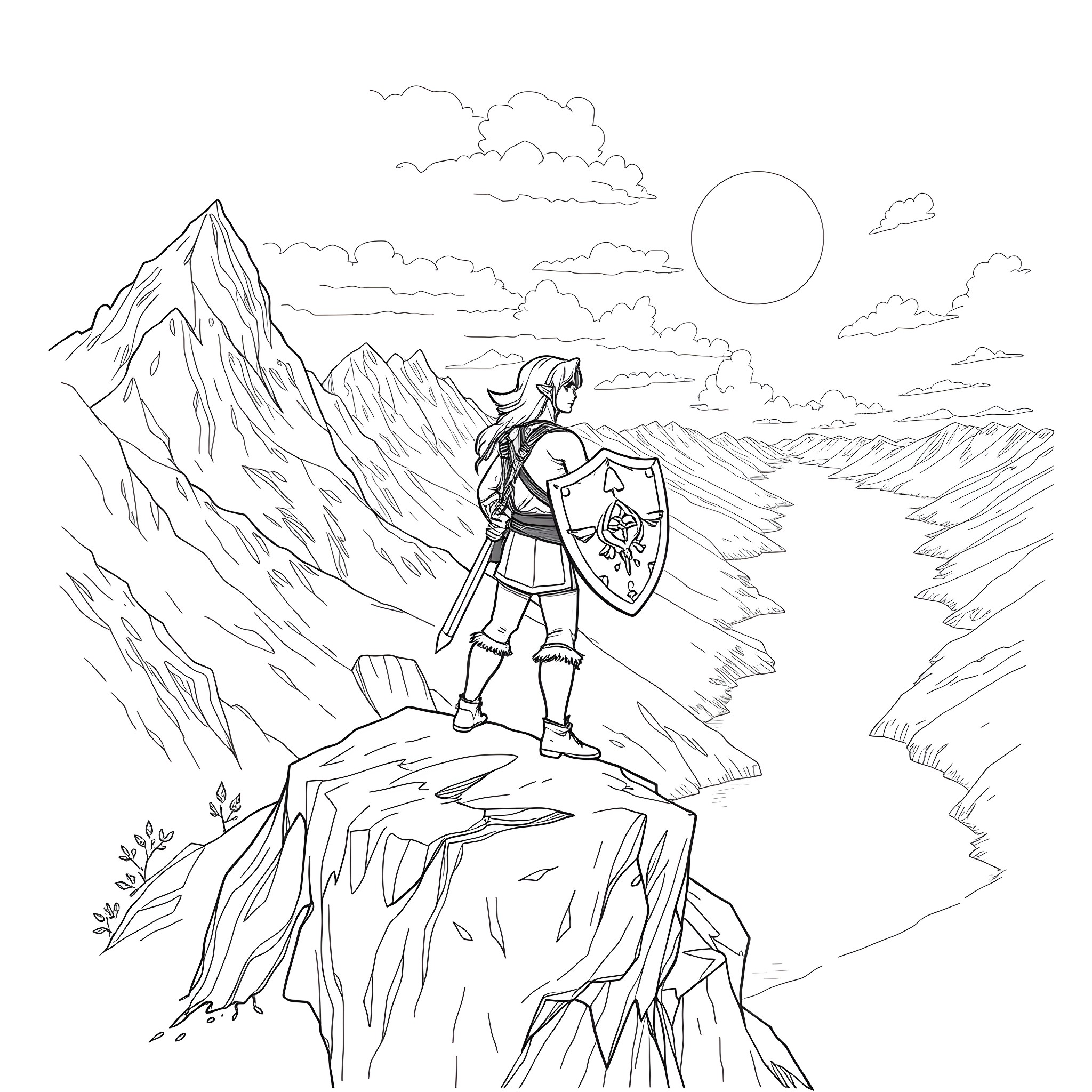 Link Exploring the Mountainous Landscape Coloring Page (free black-and-white line drawing printable PDF for all, from beginners to advanced learners, including children, teens, adults, and seniors)