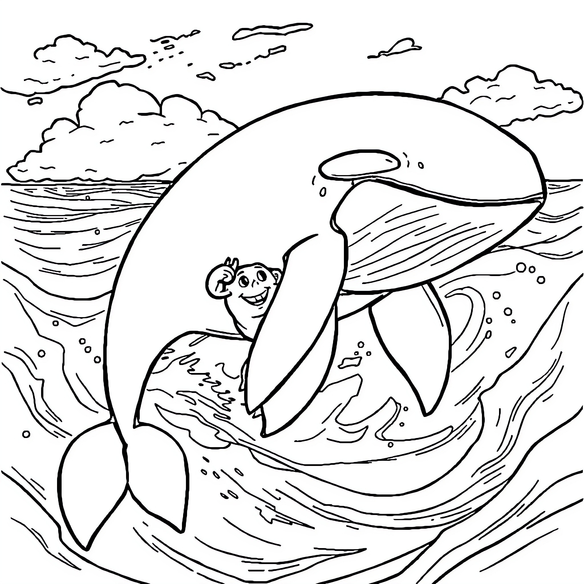 Whale and friendly creature playing in the ocean Coloring Page (free black-and-white line drawing printable PDF for all, from beginners to advanced learners, including children, teens, adults, and seniors)