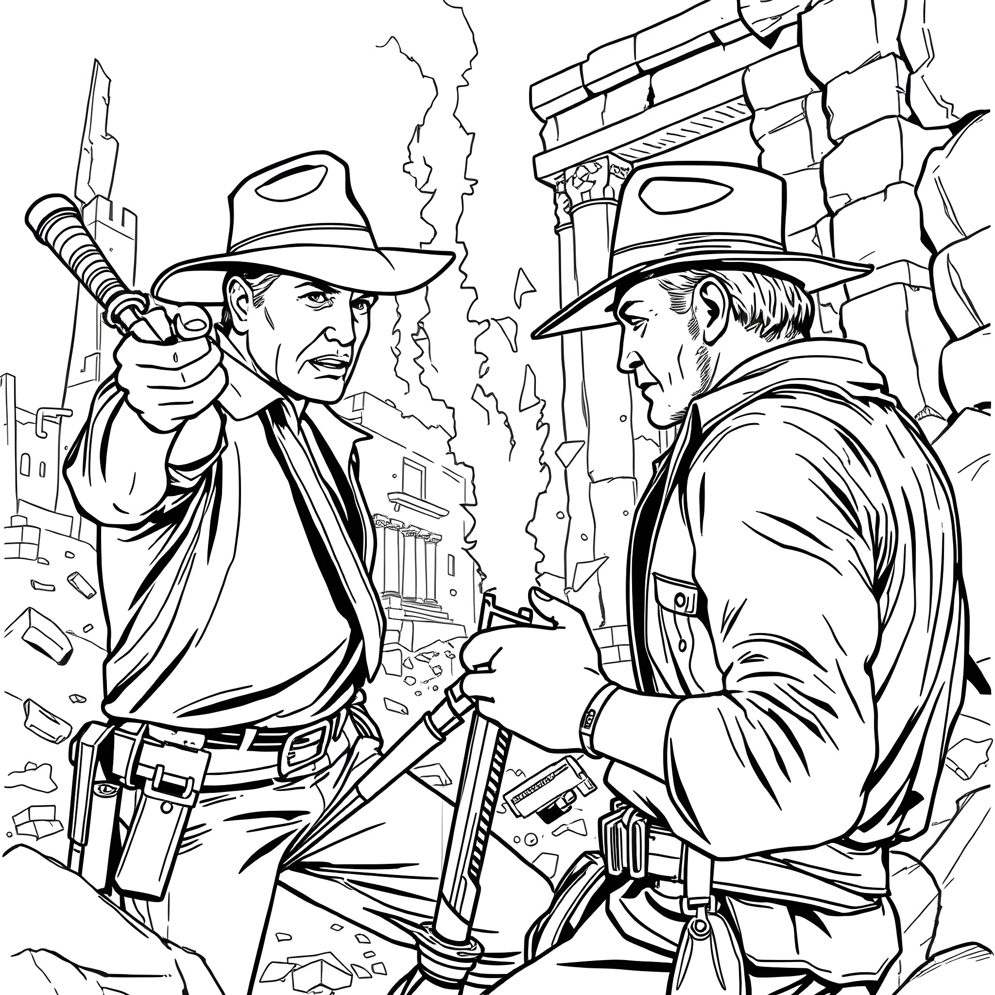 Indiana Jones in action-packed confrontation Coloring Page (free black-and-white line drawing printable PDF for all, from beginners to advanced learners, including children, teens, adults, and seniors)