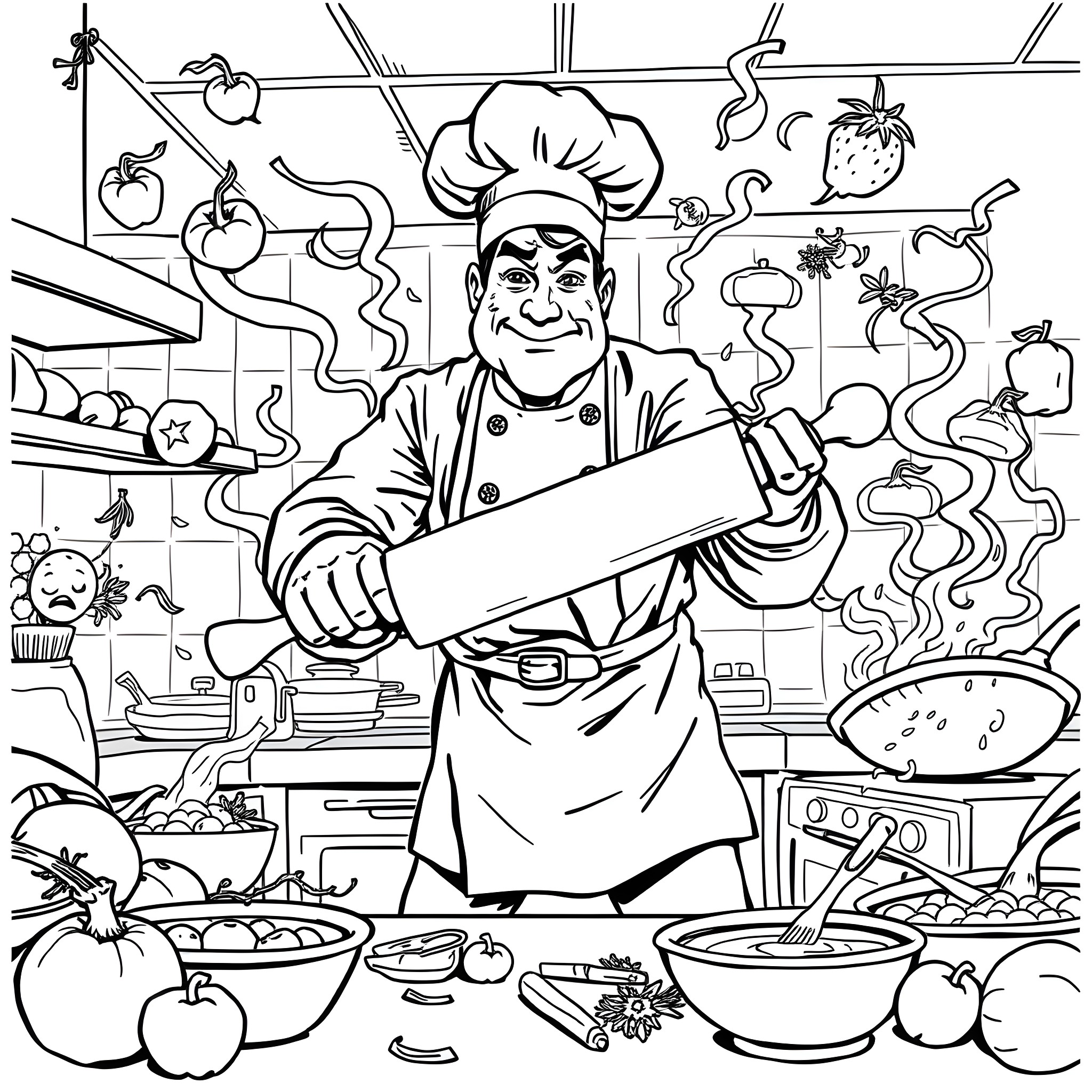 Chef happily preparing meals in the kitchen Coloring Page (free black-and-white line drawing printable PDF for all, from beginners to advanced learners, including children, teens, adults, and seniors)