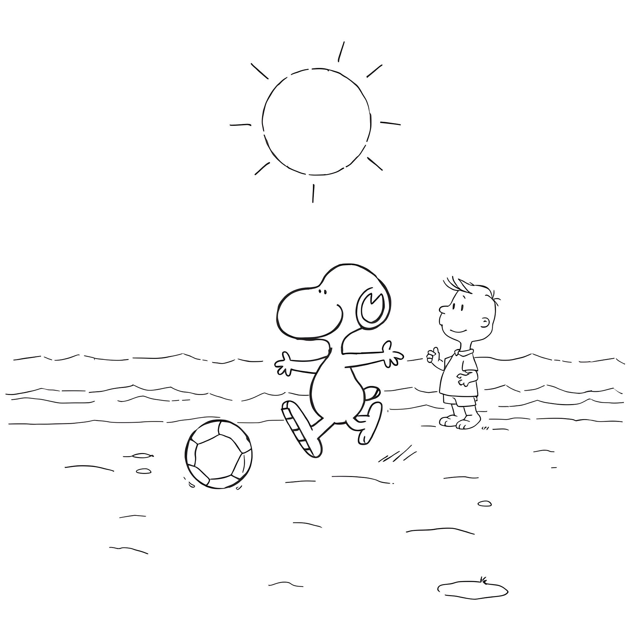 Snoopy playing soccer with a boy on the beach Coloring Page (free black-and-white line drawing printable PDF for all, from beginners to advanced learners, including children, teens, adults, and seniors)
