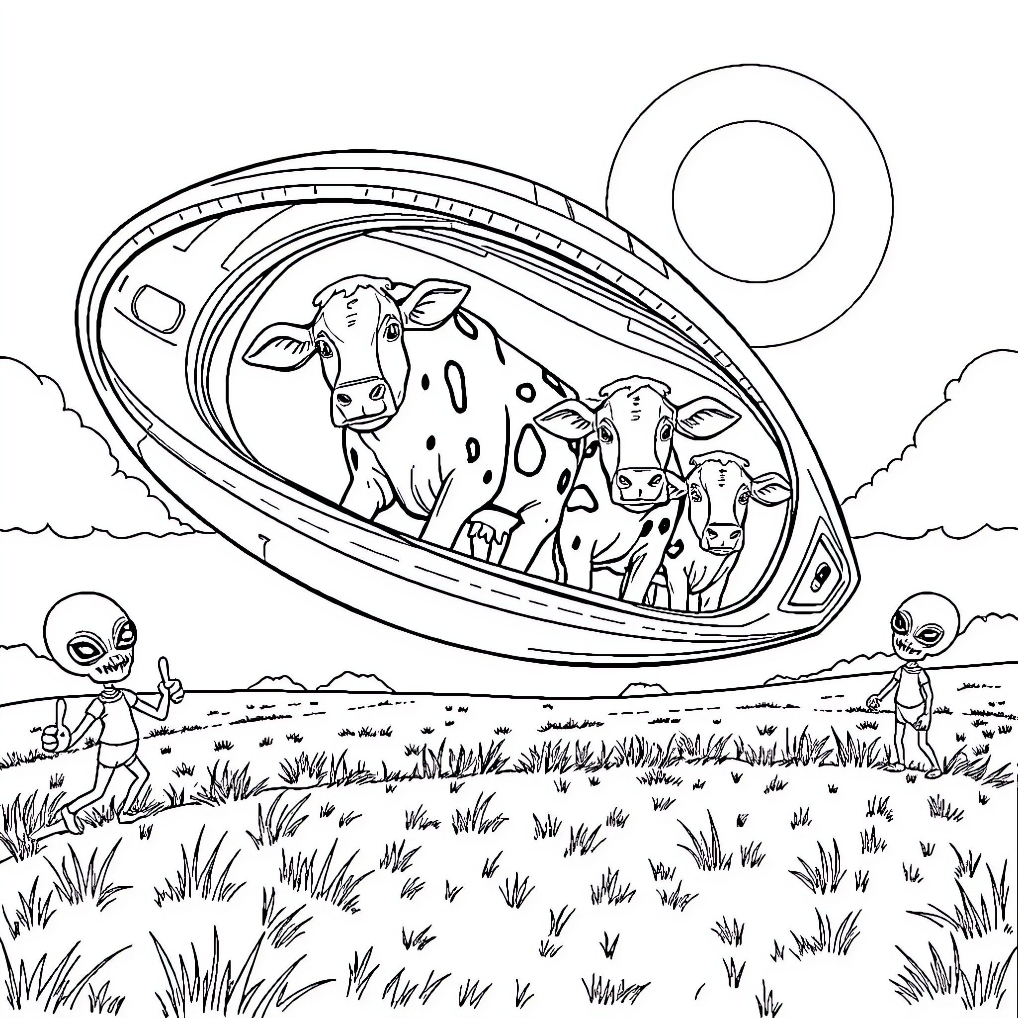 Cow family riding in a flying saucer Coloring Page (free black-and-white line drawing printable PDF for all, from beginners to advanced learners, including children, teens, adults, and seniors)