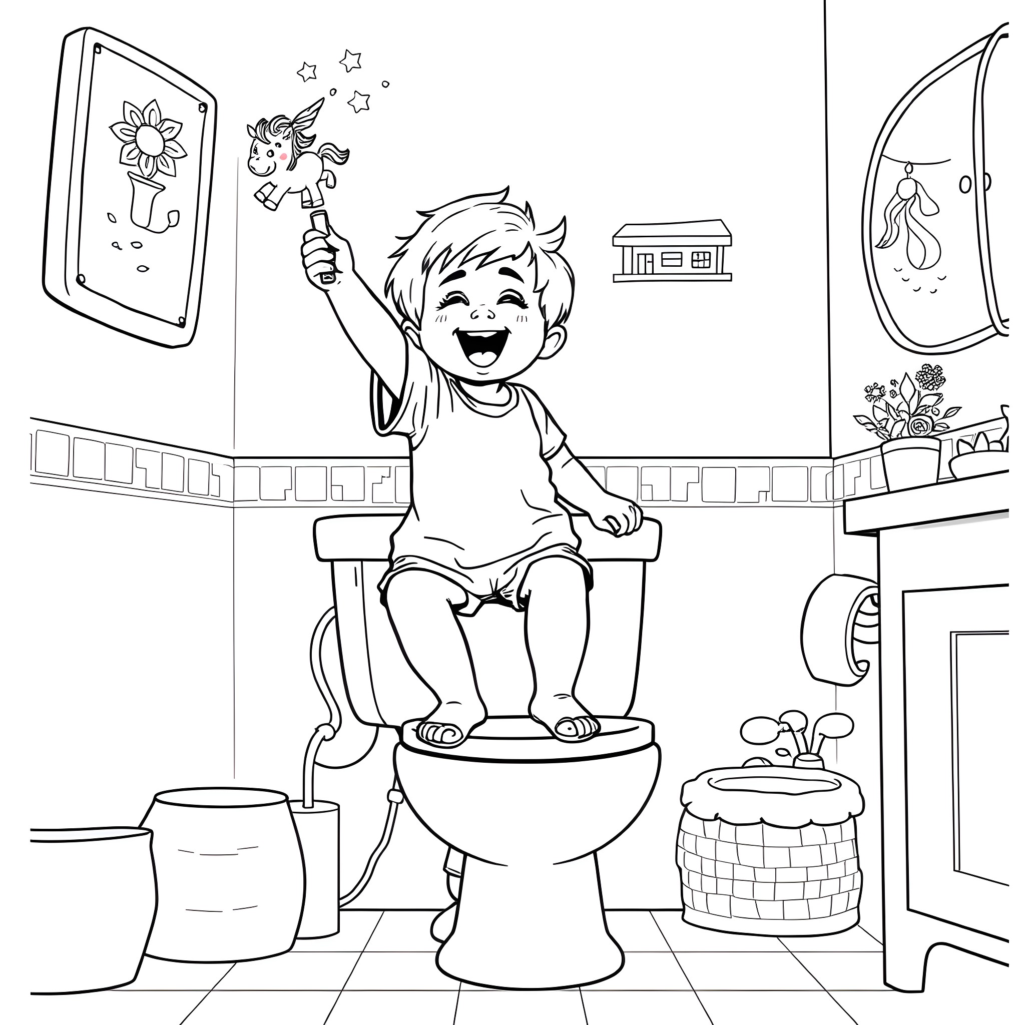 Toddler having fun with digital device in bathroom Coloring Page (free black-and-white line drawing printable PDF for all, from beginners to advanced learners, including children, teens, adults, and seniors)