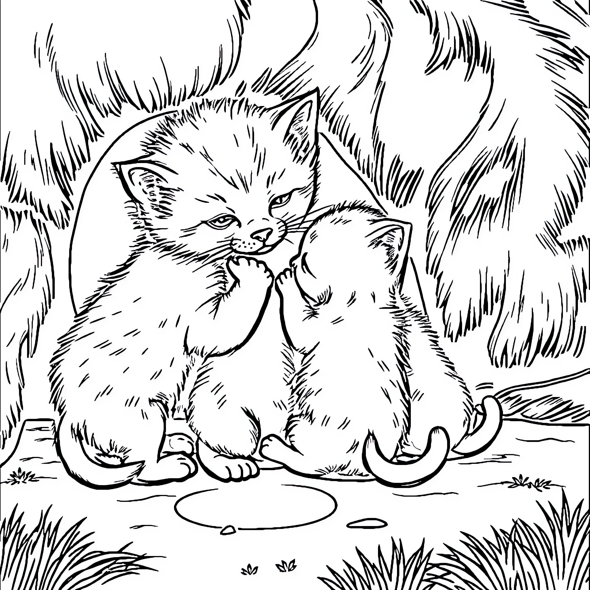 Kittens Playing Affectionately in the Grass Coloring Page (free black-and-white line drawing printable PDF for all, from beginners to advanced learners, including children, teens, adults, and seniors)