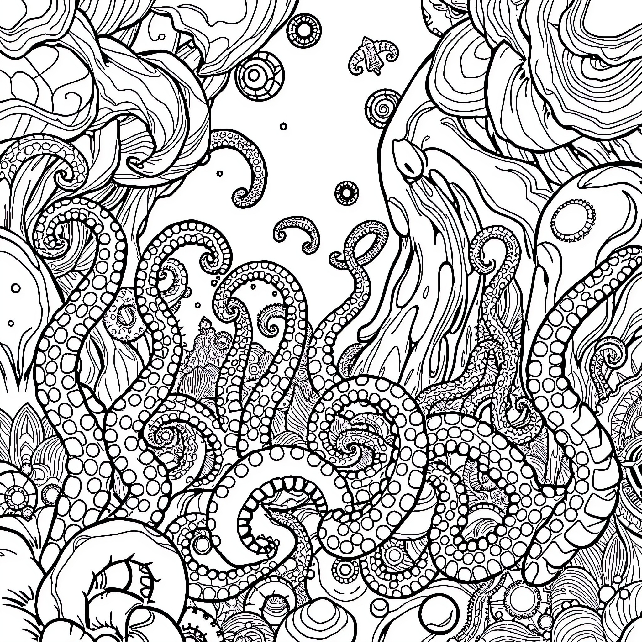 Tentacle Underwater Fantasy Exploration Coloring Page (free black-and-white line drawing printable PDF for all, from beginners to advanced learners, including children, teens, adults, and seniors)