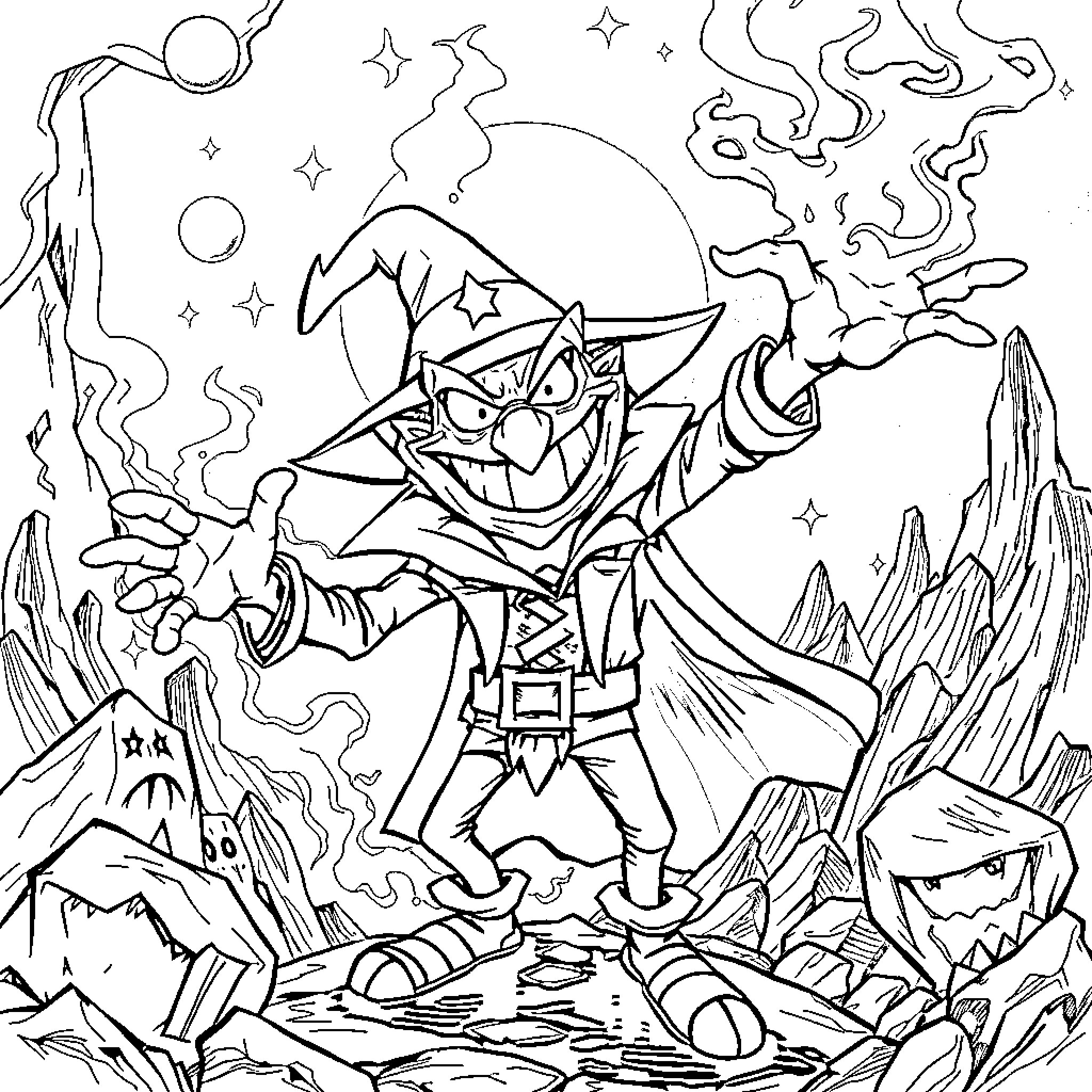 Bill Cipher's Menacing Presence in the Surreal Landscape Coloring Page (free black-and-white line drawing printable PDF for all, from beginners to advanced learners, including children, teens, adults, and seniors)